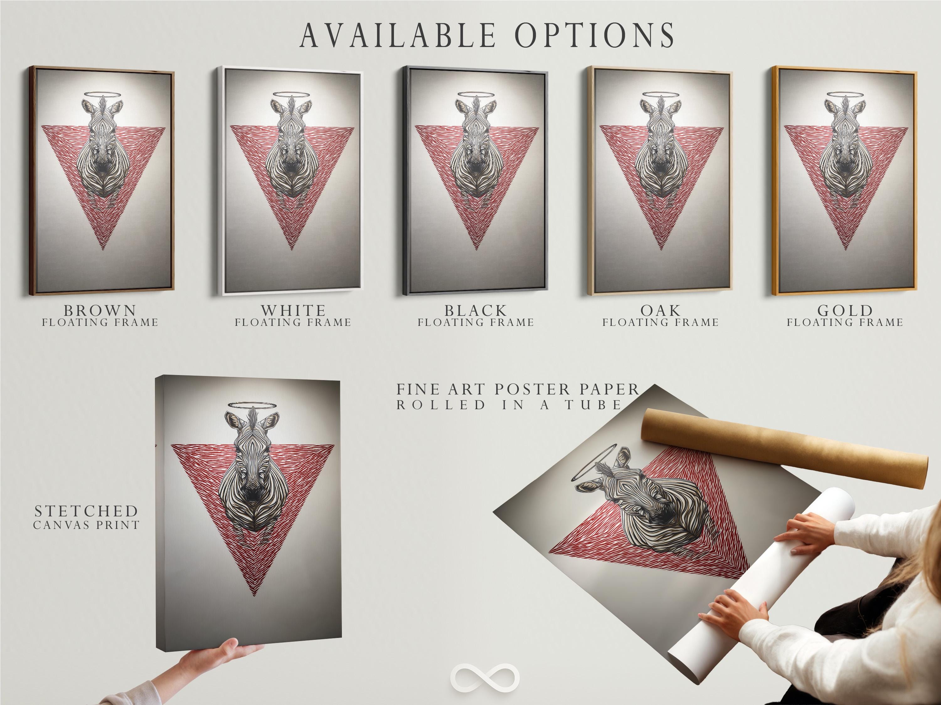 Wall mockup showing a framed zebra artwork with a red striped triangle and halo ring