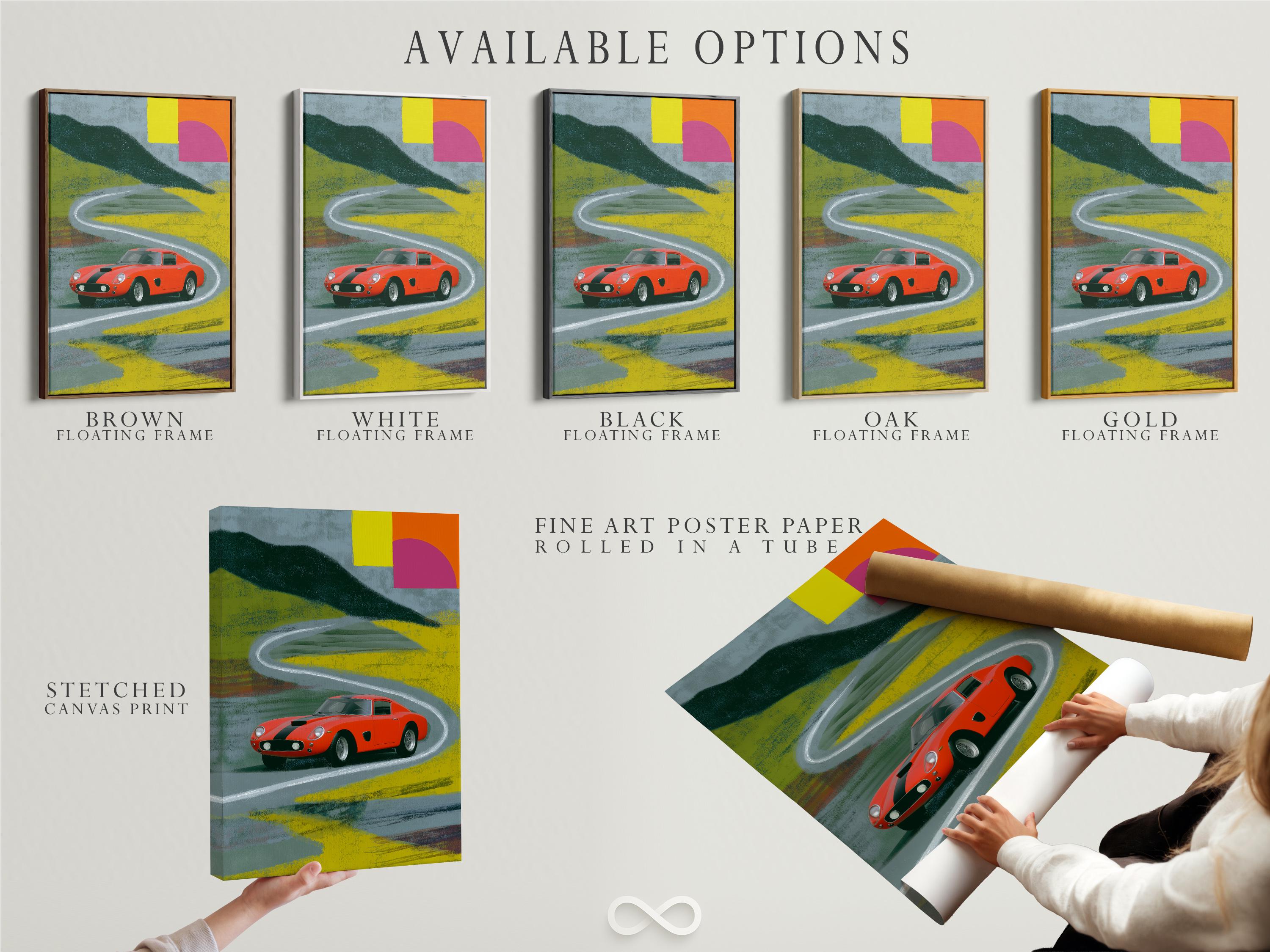 Red vintage race car on a curving track with geometric blocks in pink, yellow and green detail view