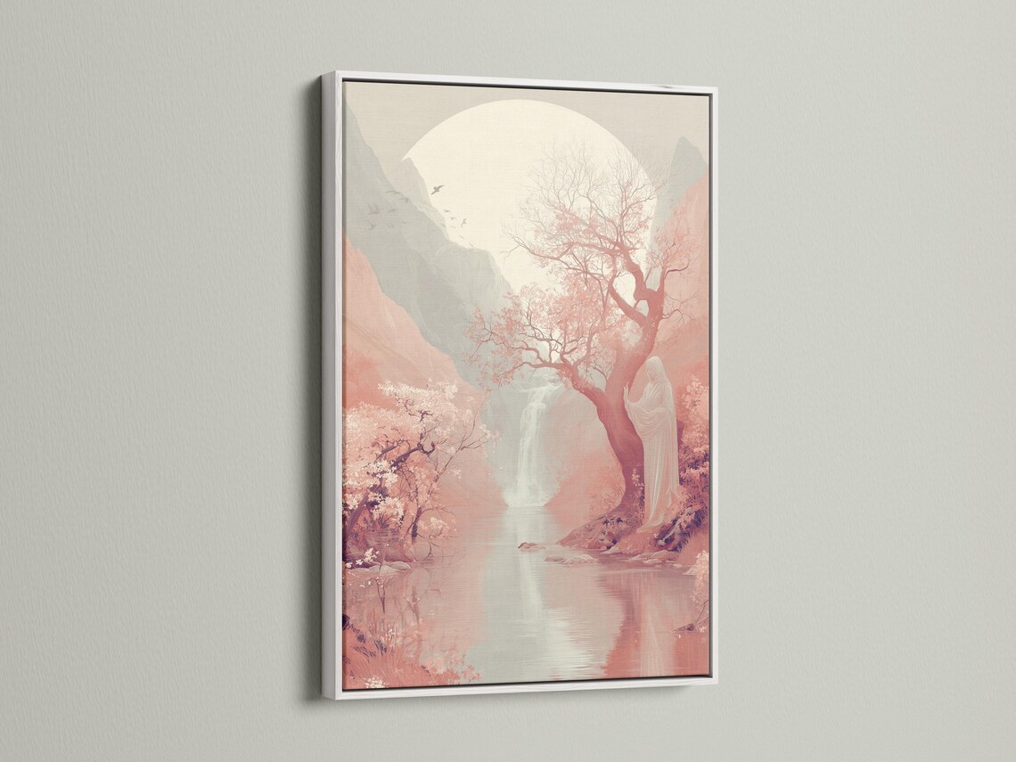 Framed moonlit landscape artwork with a blossom tree, misty mountains and reflective water detail view
