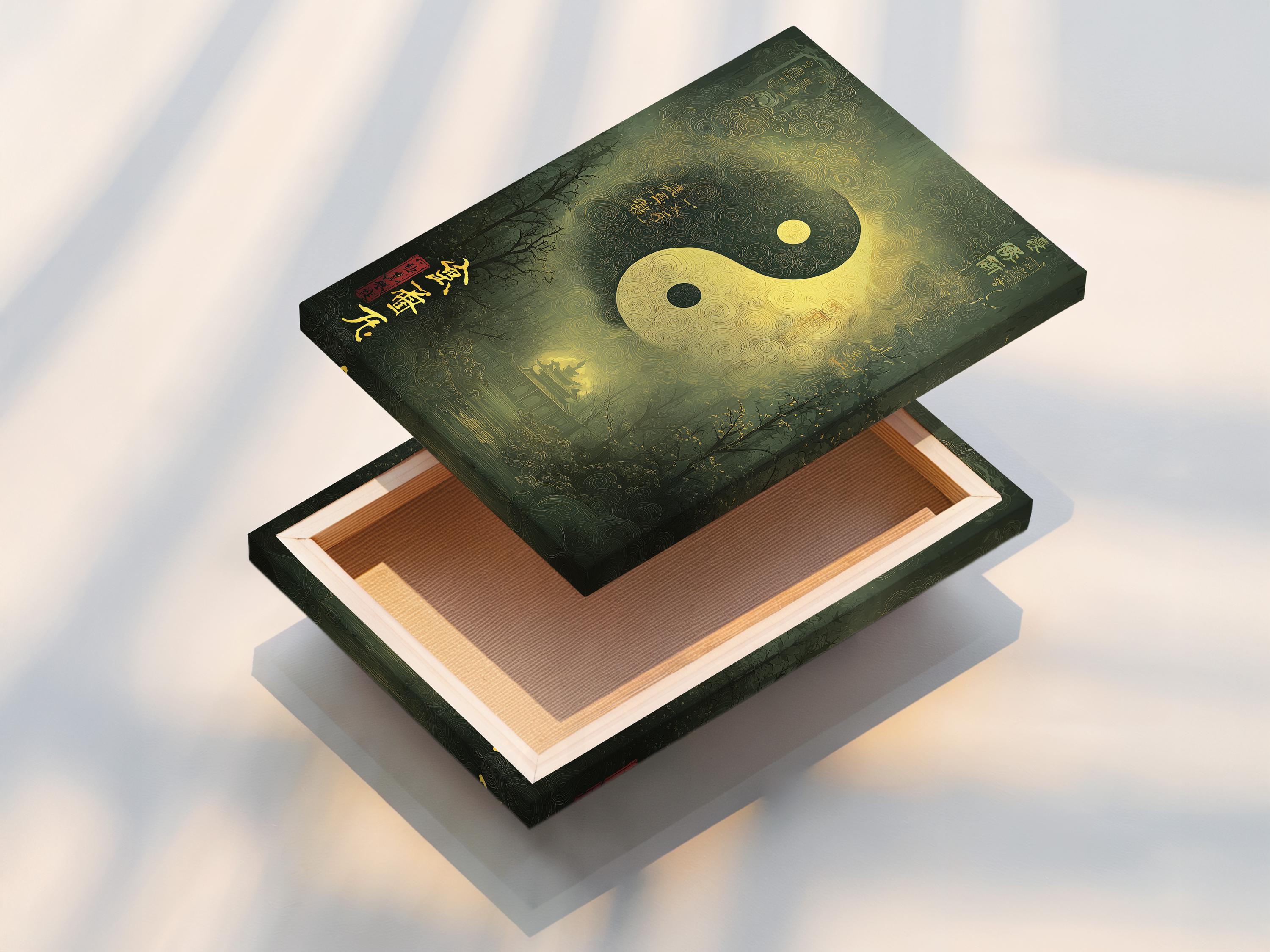 Green and gold yin-yang symbol with swirling patterns over a misty forest background detail view