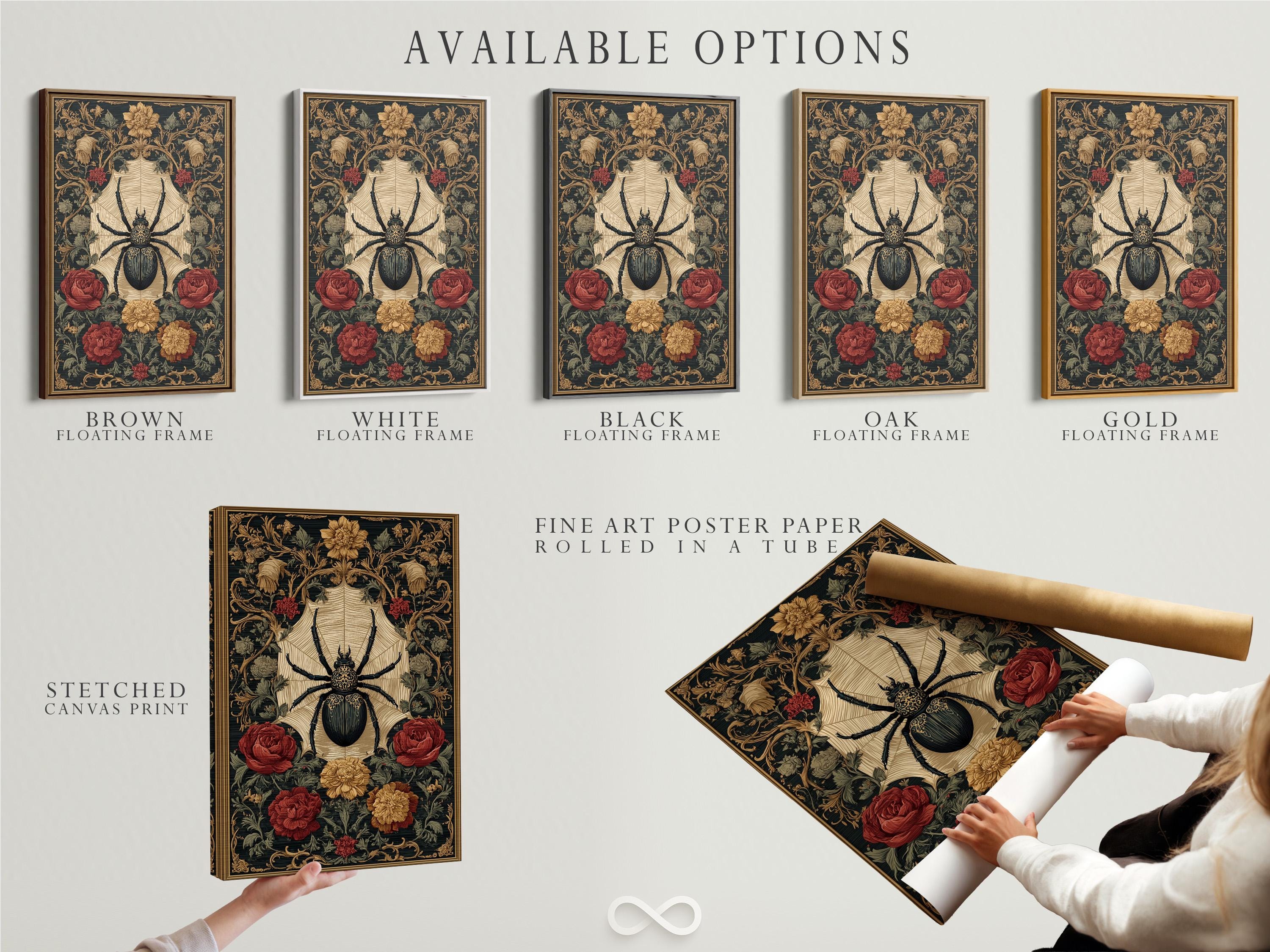 Gothic artwork with a central black spider, cream starburst, and roses detail view
