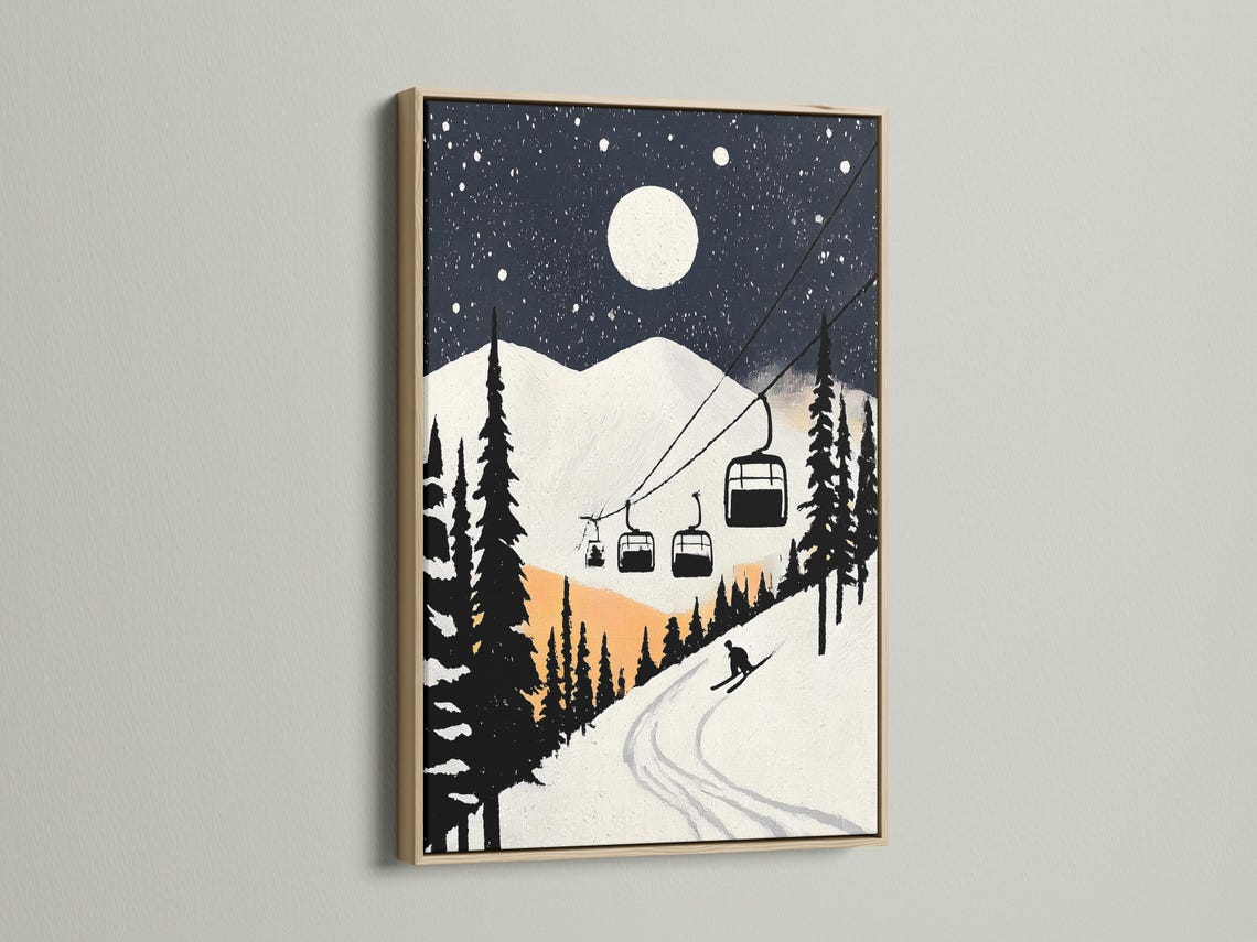 Moonlit snowy ski-lodge artwork mockup with dark pines, falling snow, chairlift cabins and a winding ski track