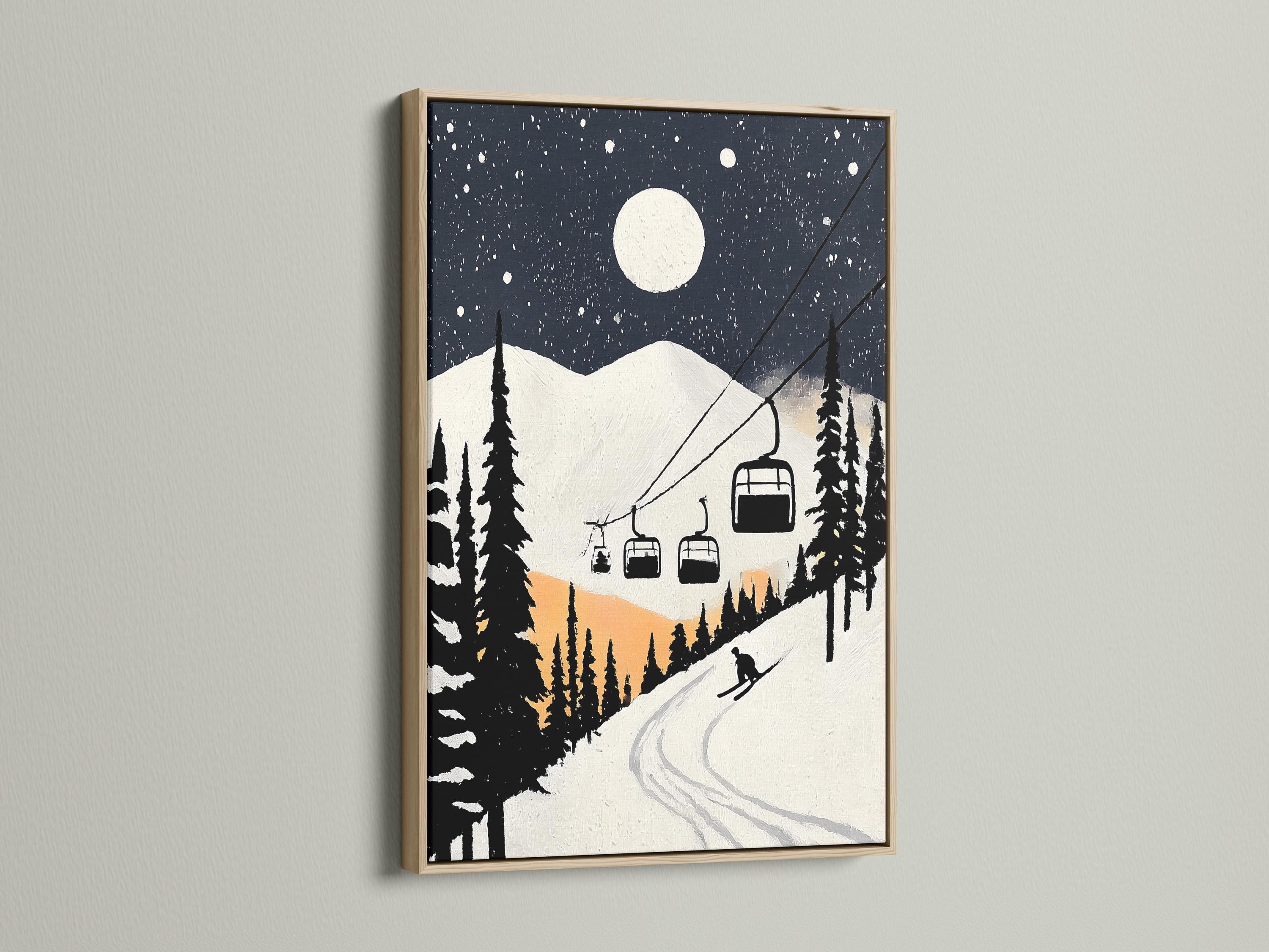 Moonlit snowy ski-lodge artwork mockup with dark pines, falling snow, chairlift cabins and a winding ski track