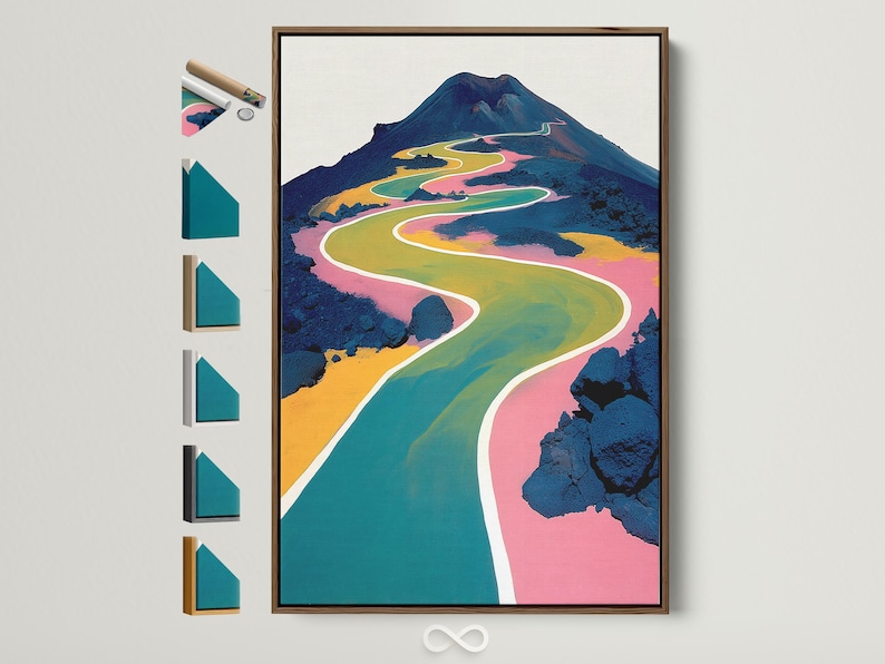 Winding road-like path through a stylised mountain landscape with teal, yellow and pink colours