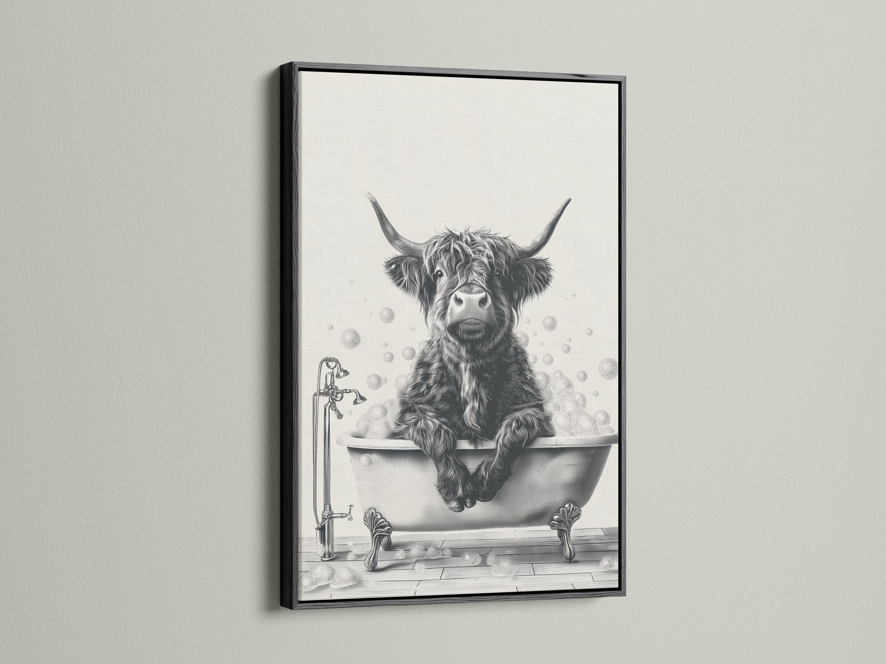Black and white cow sitting in a bathtub with bubbles and a faucet detail view