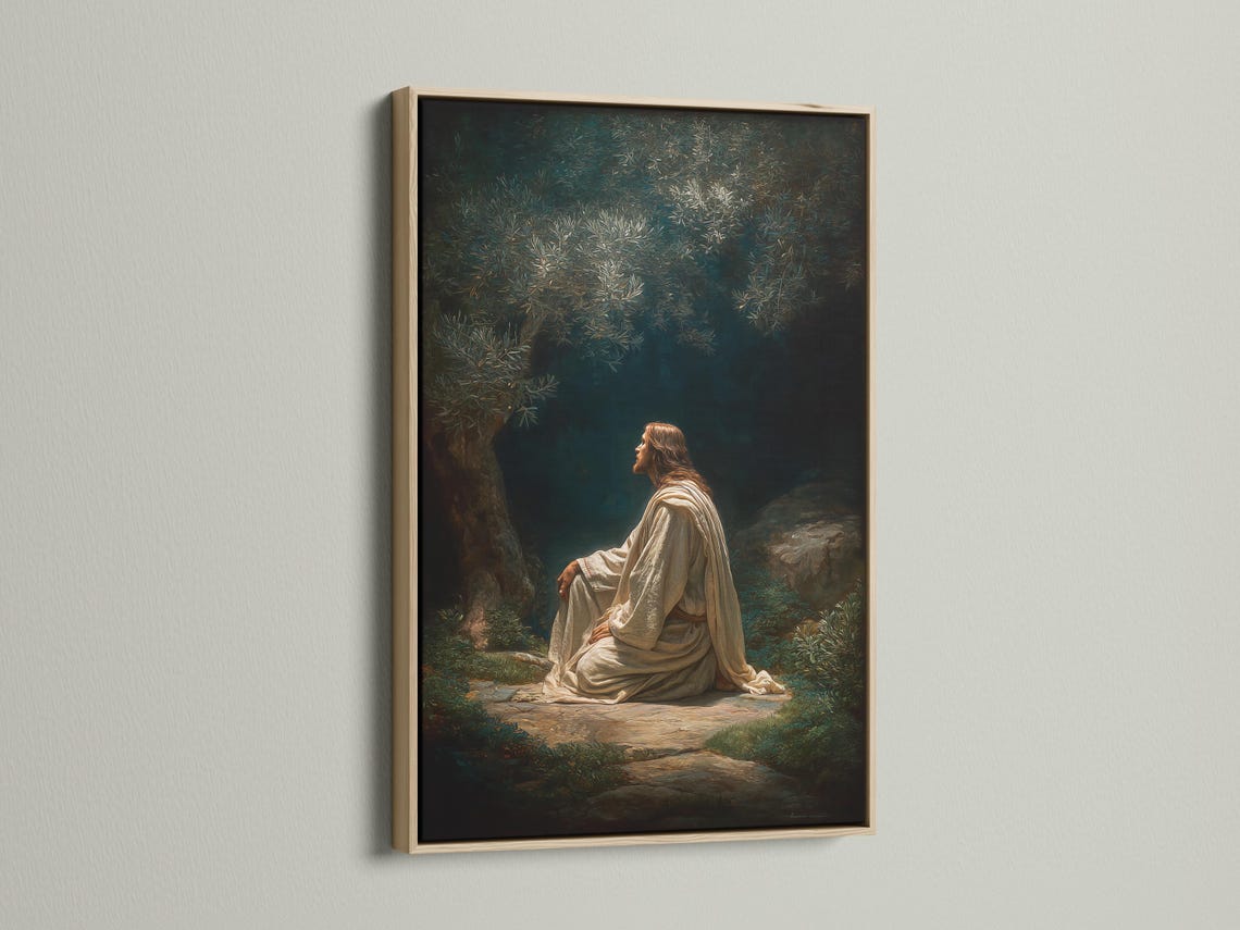 Seated praying figure in light robes in a dark green forest with glowing leaves detail view