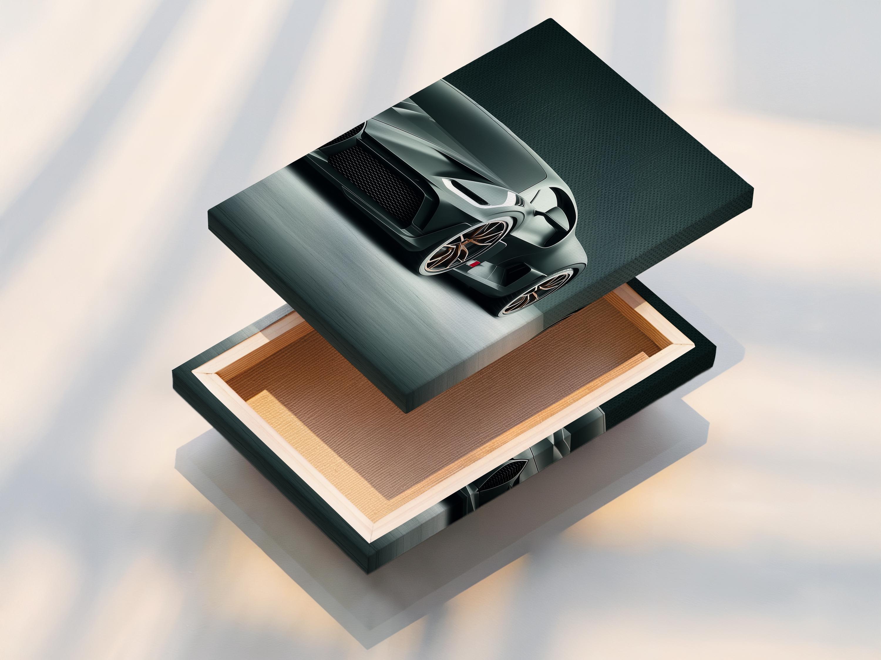 A sleek modern sports car is shown in a low-angle three-quarter view, set against a textured teal background with a cool grey floor detail view