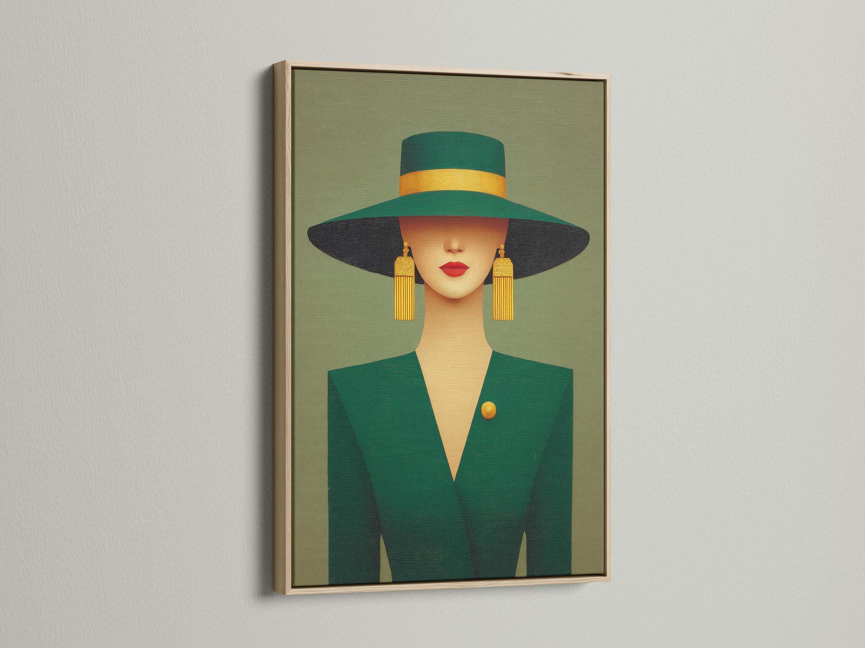 A stylised portrait of an elegant woman in a wide-brim hat, shown against a muted green background with gold accents and Art Deco-inspired shapes