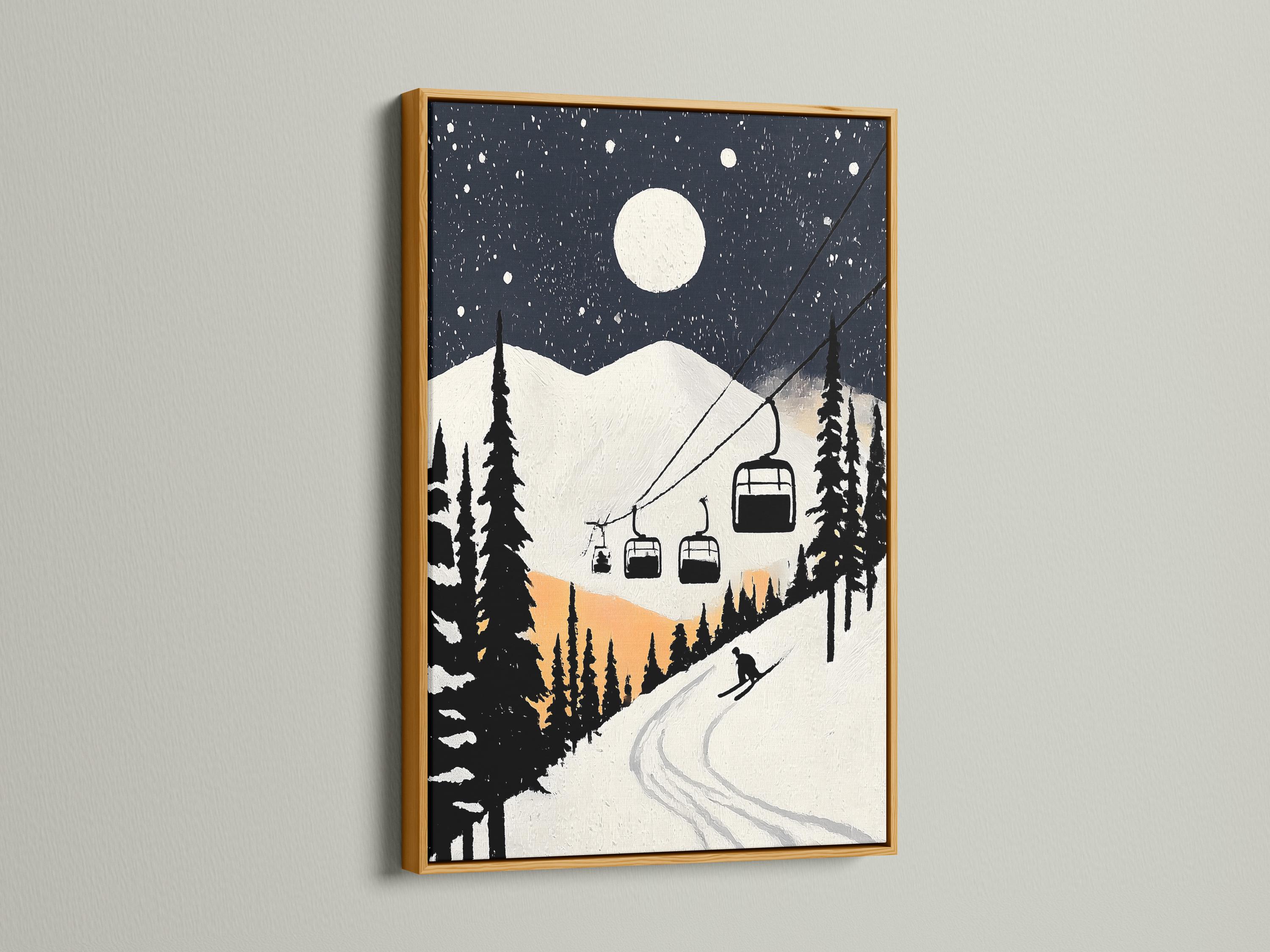 Moonlit snowy ski-lodge artwork mockup with dark pines, falling snow, chairlift cabins and a winding ski track