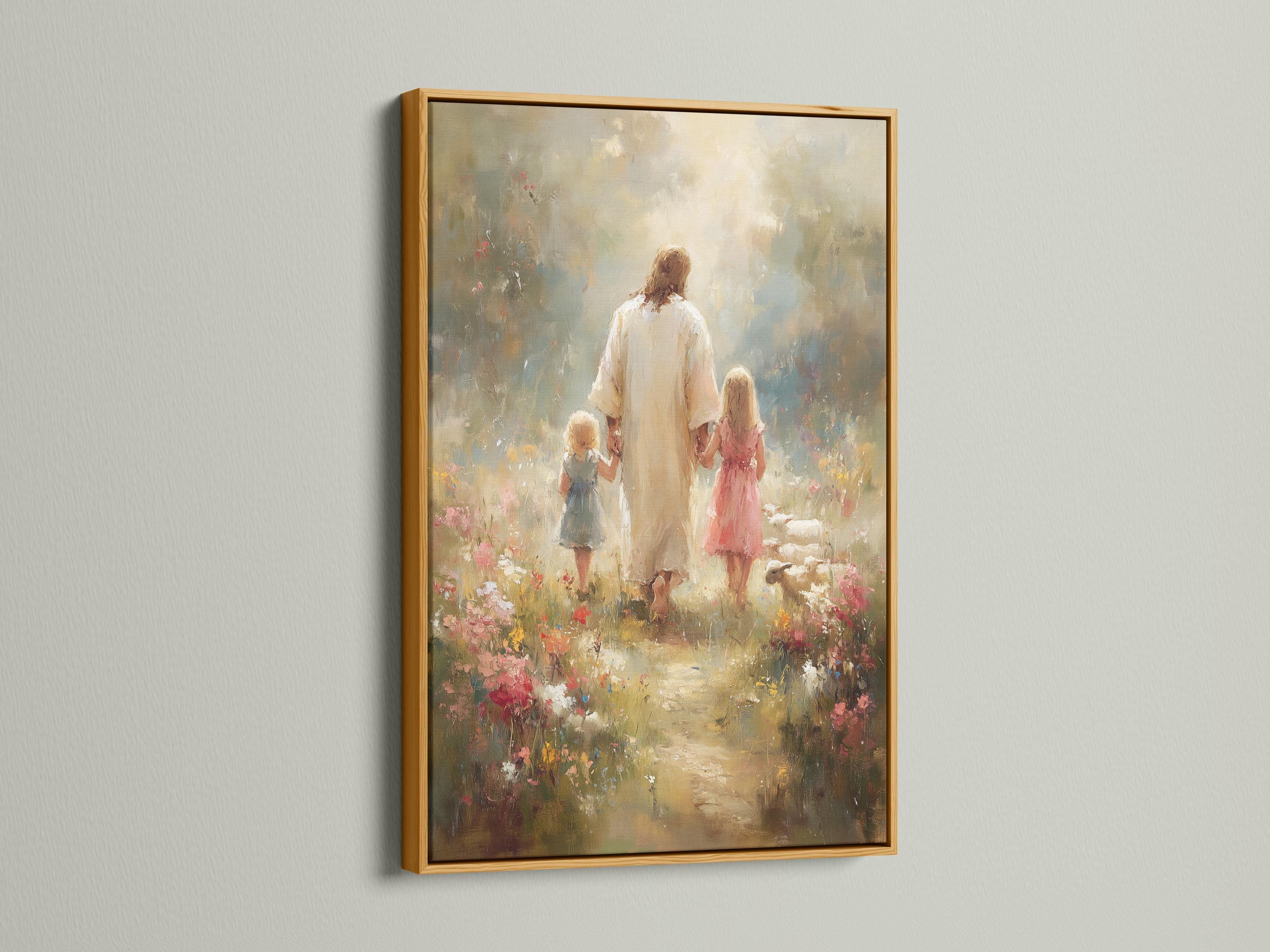 Painterly scene of a robed adult walking with two children through a floral meadow detail view