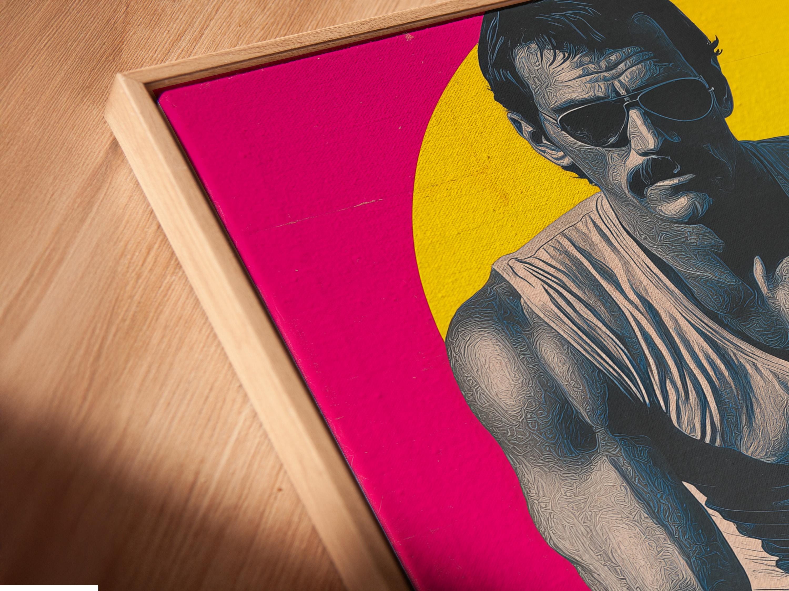 Retro pop art portrait of a man with sunglasses and tattoos on a hot pink background detail view