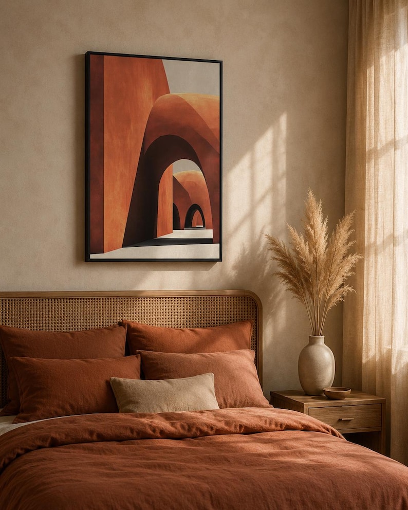 Abstract geometric archway artwork in terracotta, cream and dark outlines