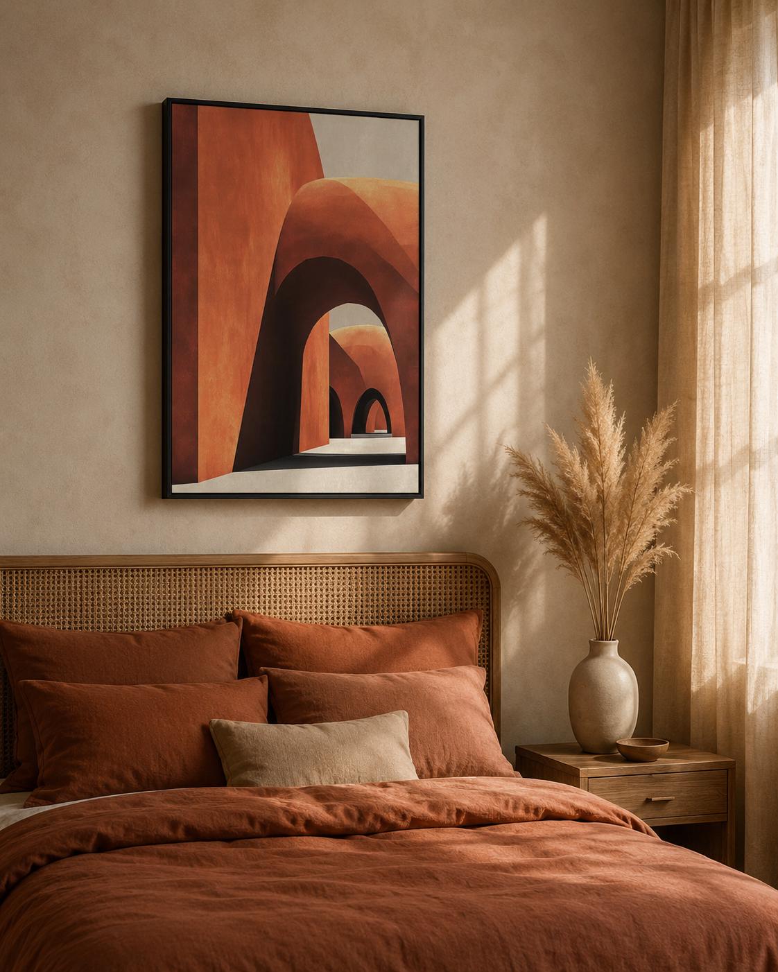 Abstract geometric archway artwork in terracotta, cream and dark outlines