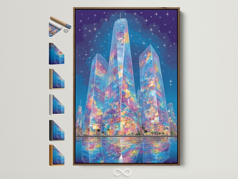 Colourful abstract city skyline with tall skyscrapers under a starry blue night and water reflections
