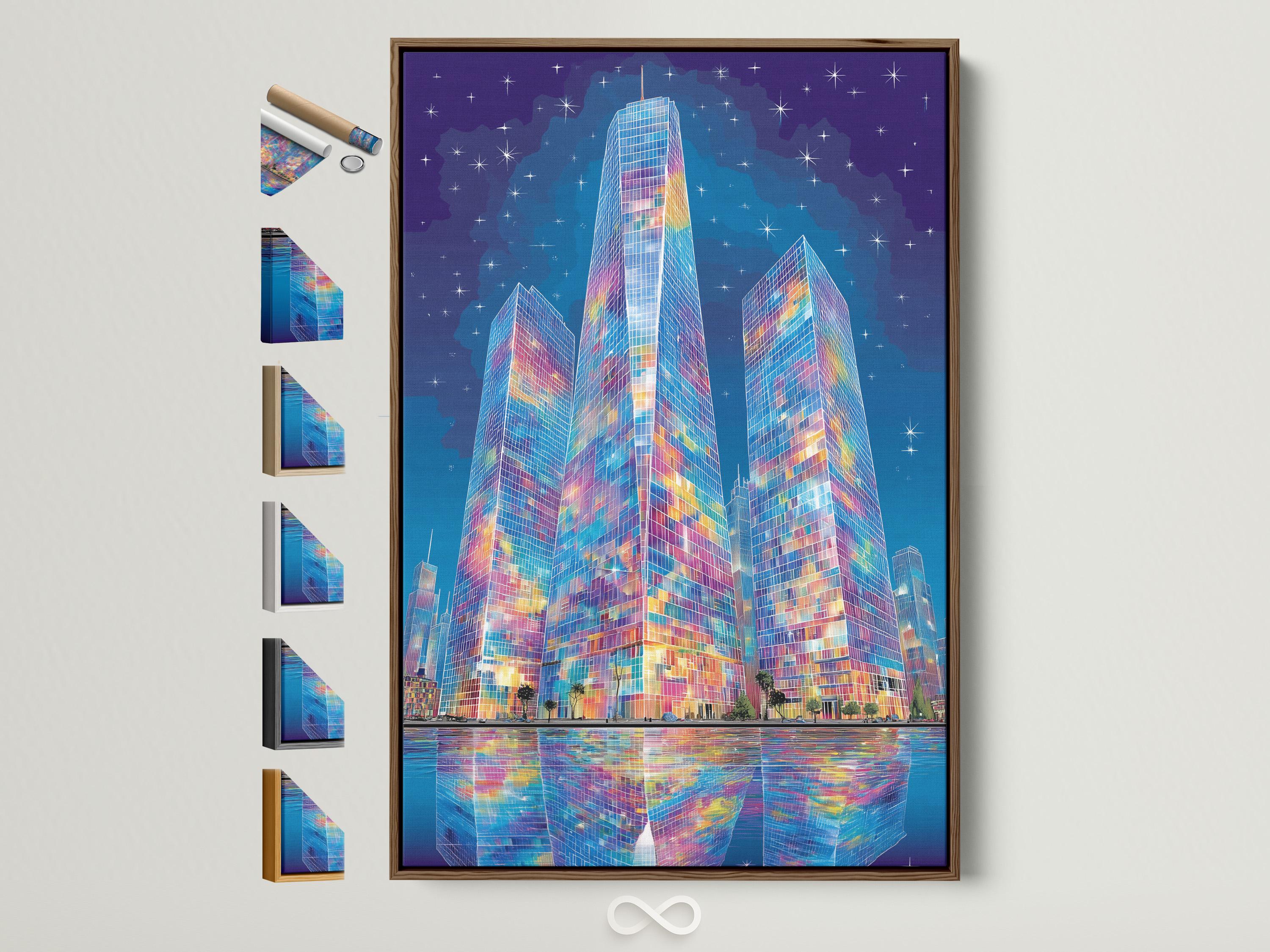 Colourful abstract city skyline with tall skyscrapers under a starry blue night and water reflections