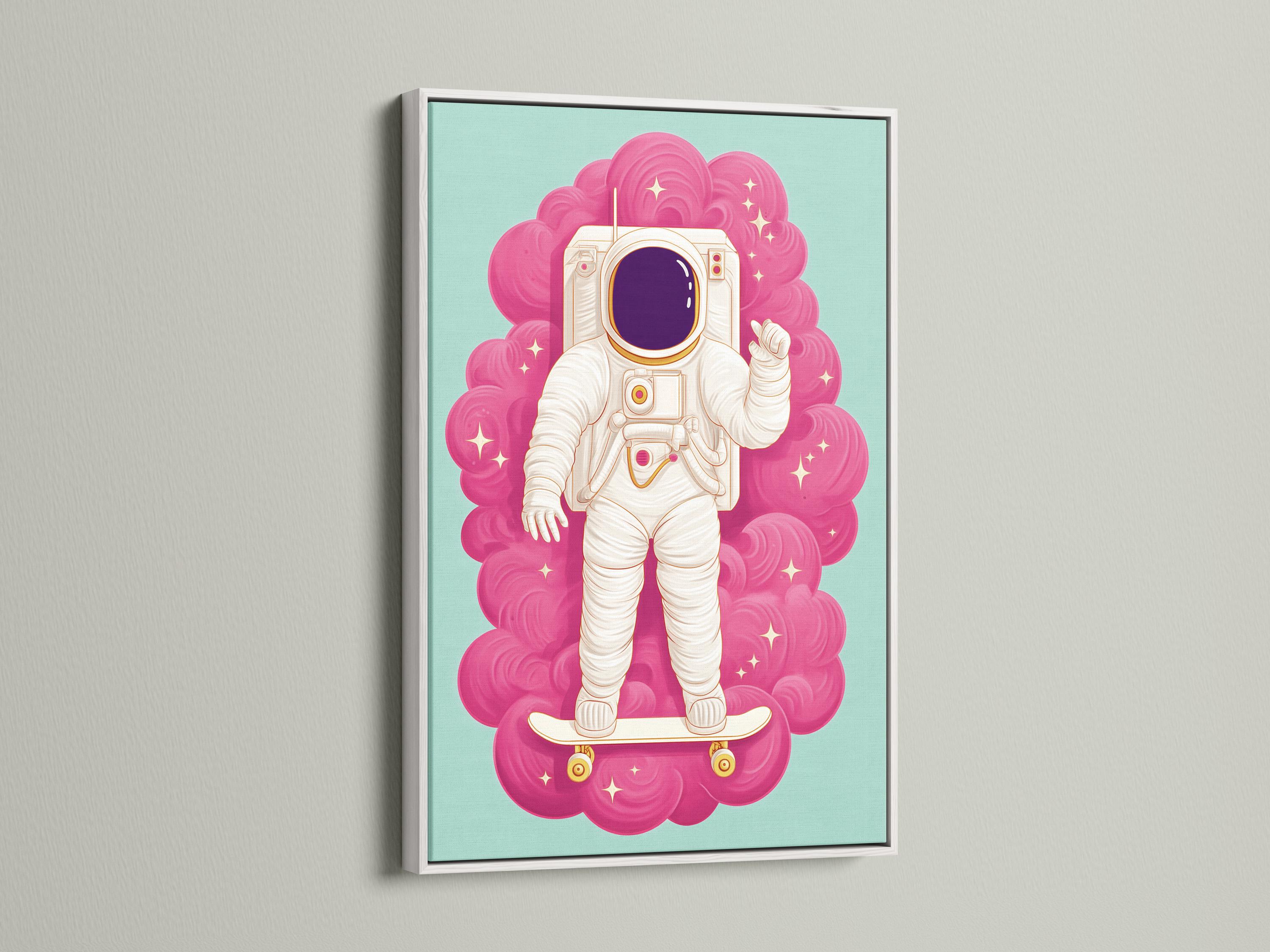 Cartoon astronaut standing on a skateboard with a hot pink cloud swirl background detail view