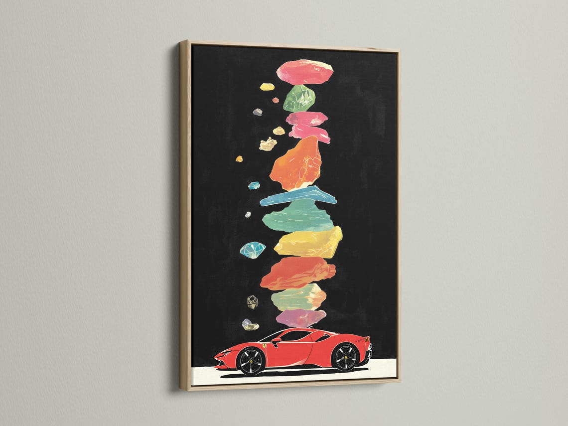 Stylised red sports car with multicolour floating fragments on a dark background detail view