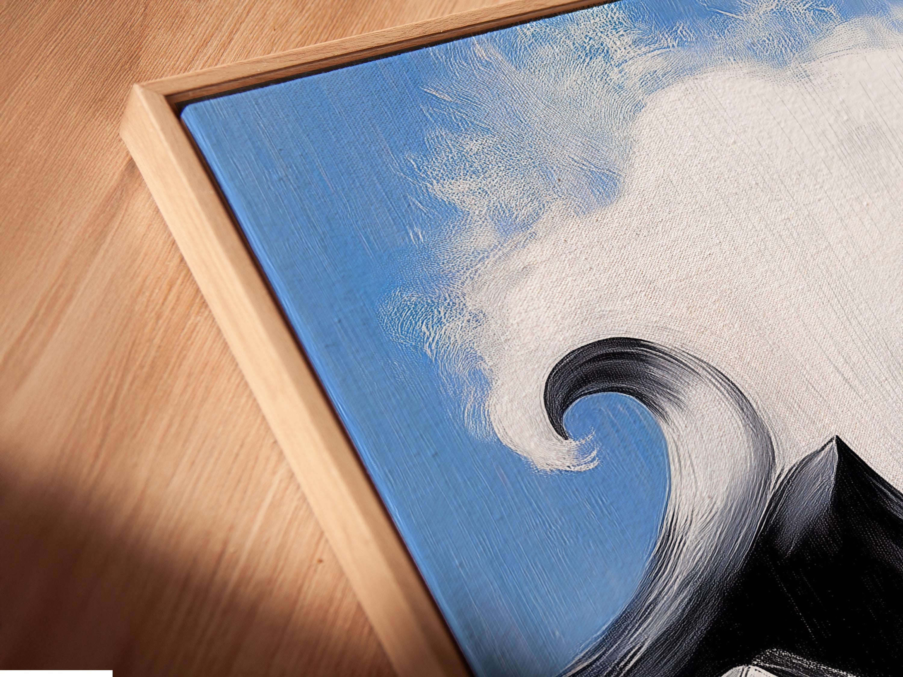 Abstract wave seascape with white and blue curling wave shapes on a blue background detail view