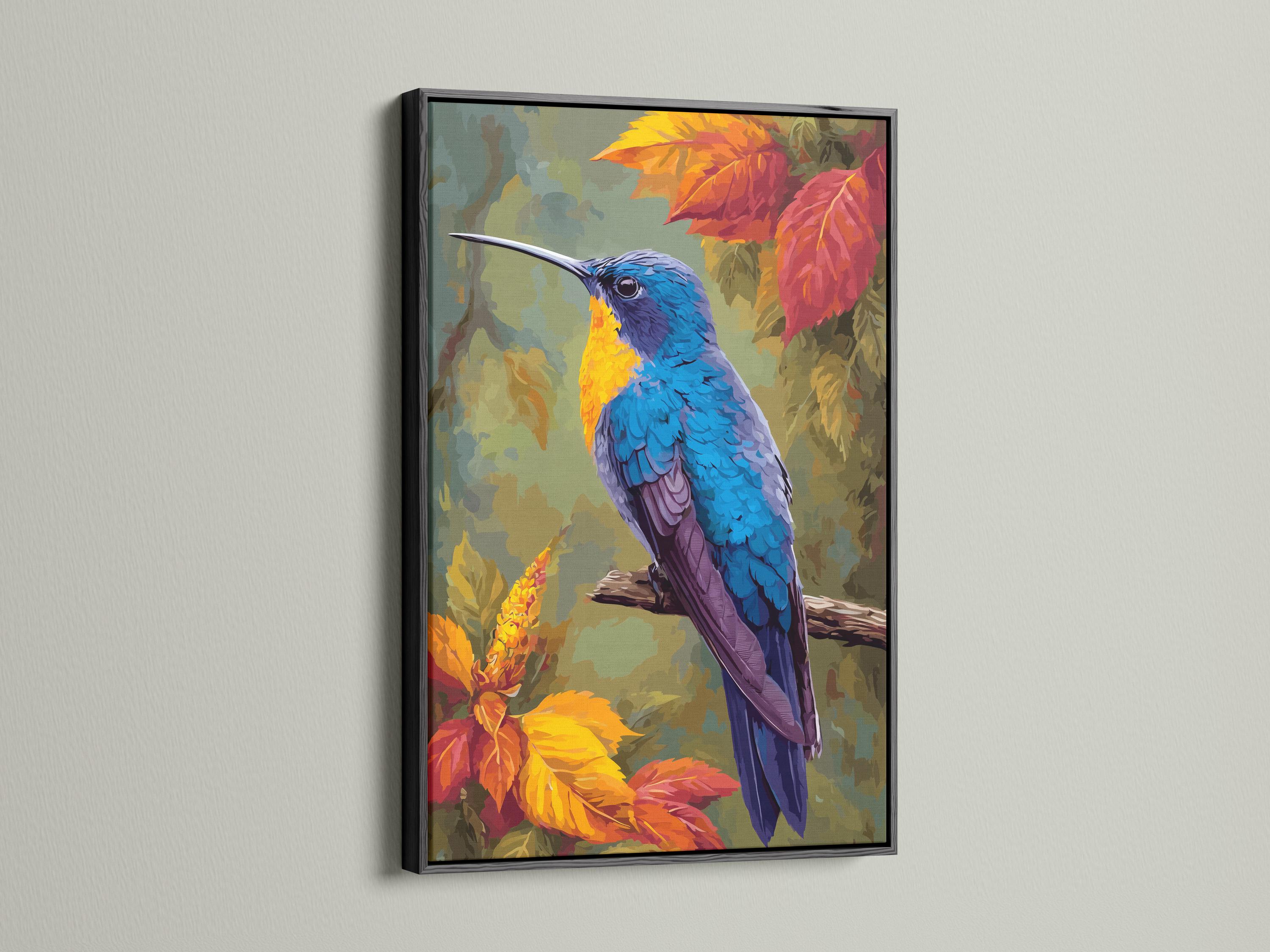 Illustrated hummingbird perched among autumn leaves in vivid blue, purple, gold and orange detail view