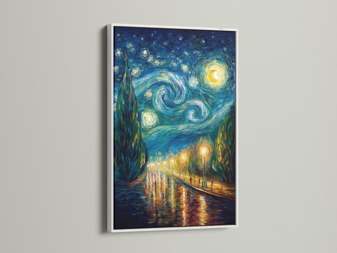 Room mockup showing a framed starry night painting on a light wall