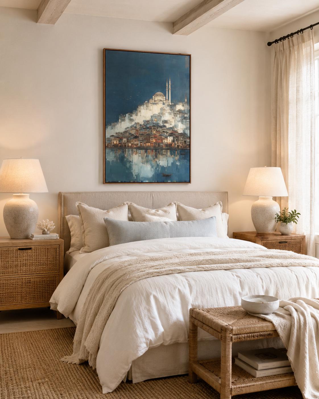 Room mockup with a framed blue cityscape mosque artwork on a wall