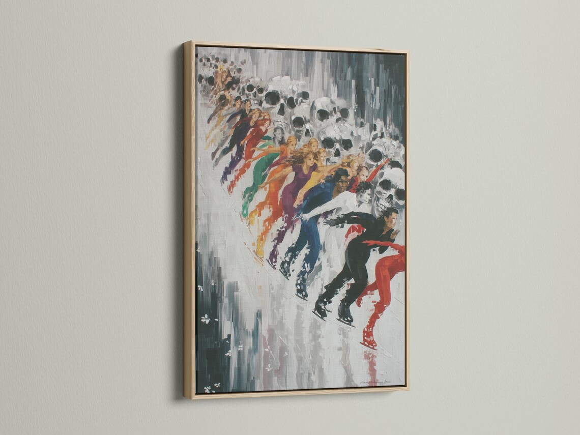 Skull skaters artwork displayed in a framed wall mockup with open background elements