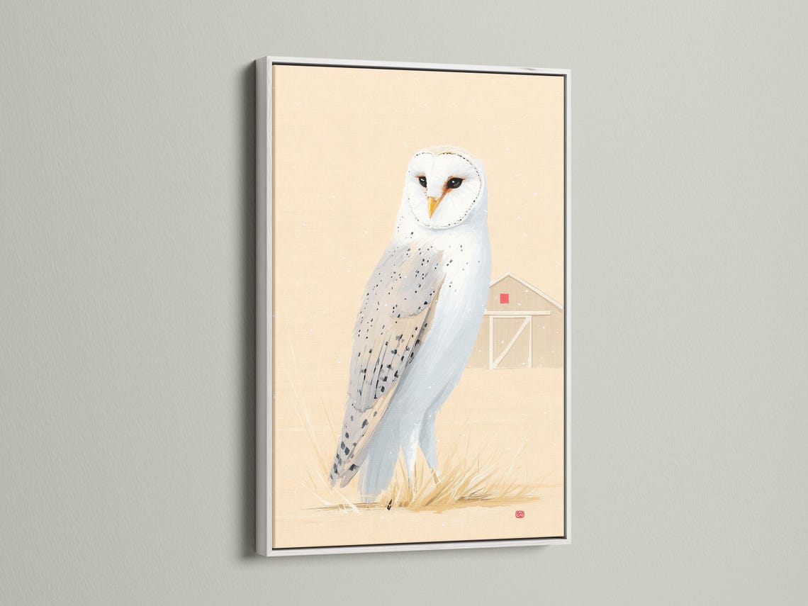 Painterly barn owl with white feathers and an orange beak on pale grass against warm beige background with snow-like specks detail view
