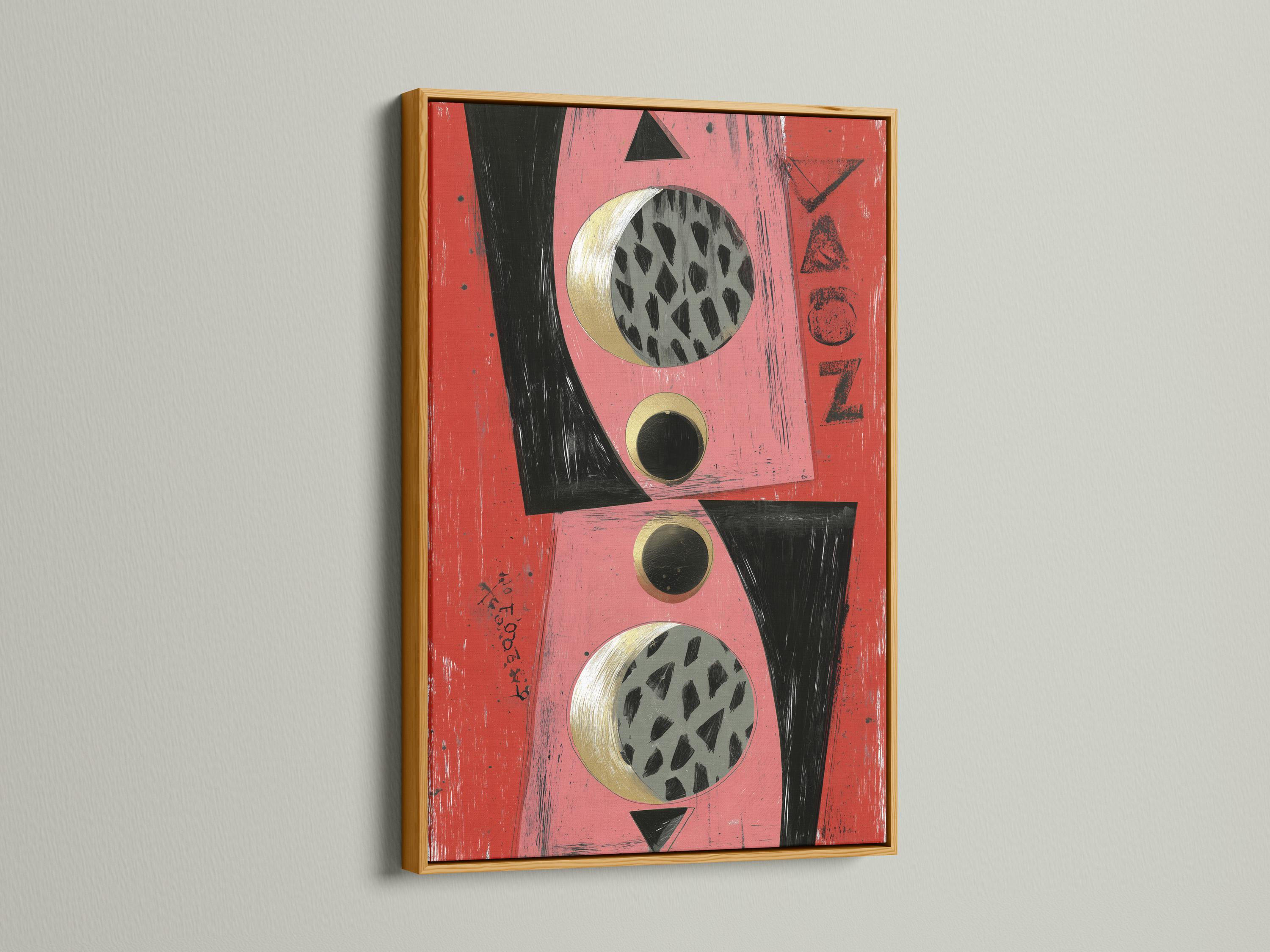 Abstract geometric artwork with coral and pink background, black shapes and gold-ring circles detail view