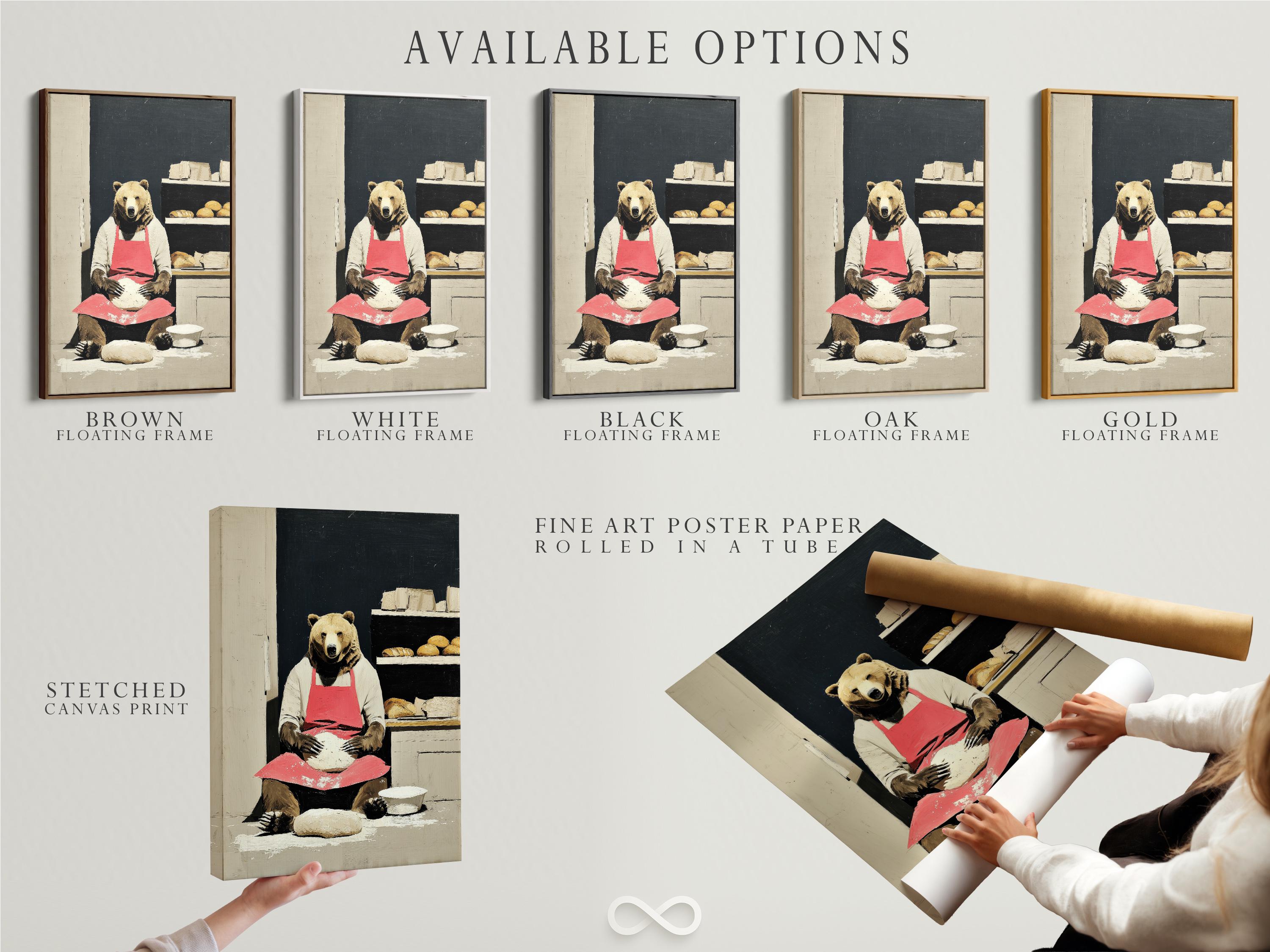 Bear chef wall artwork shown in a room mockup with multiple frame colour options