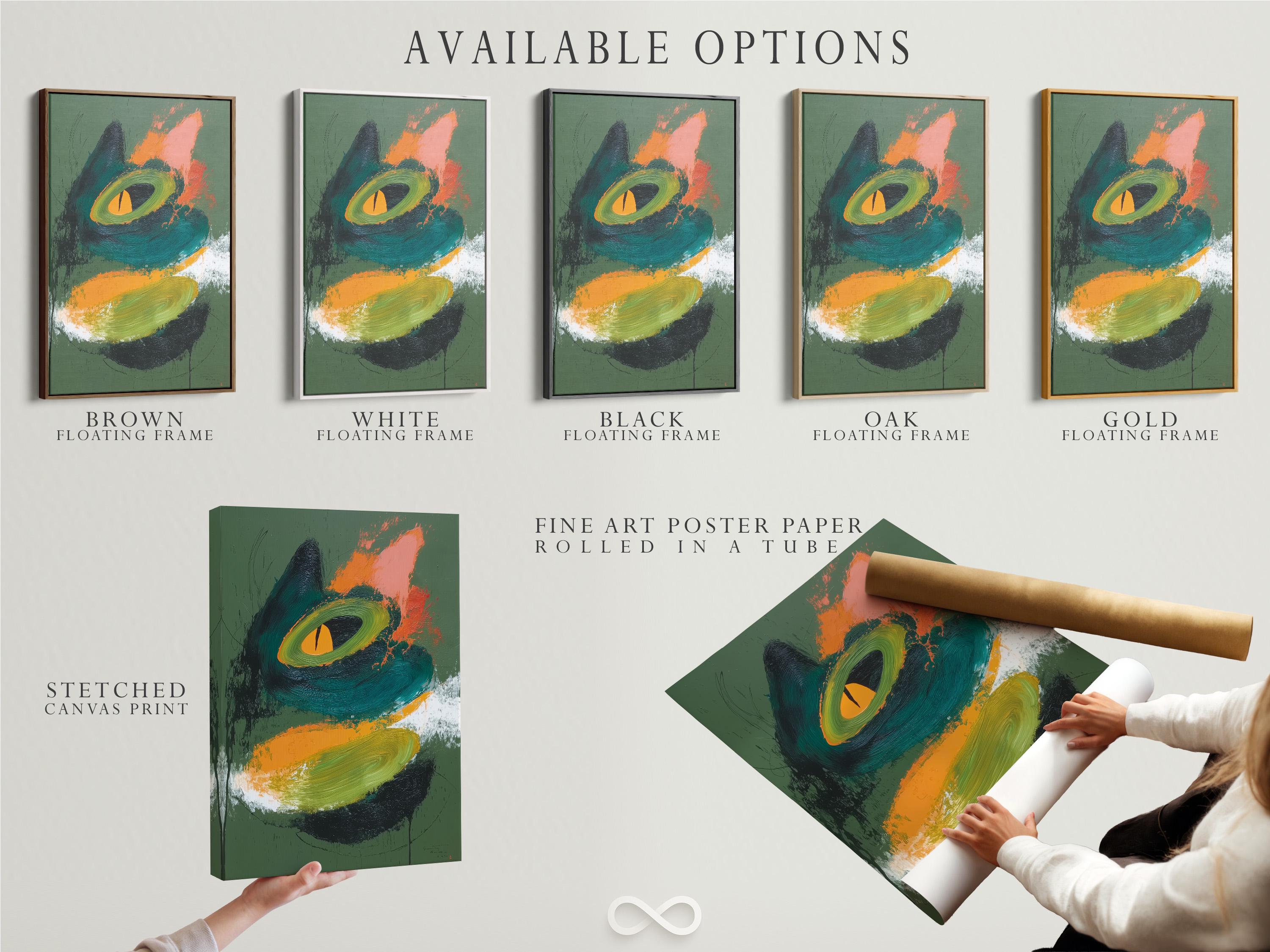 Abstract cat face artwork with green background, teal swirls and orange highlight detail view