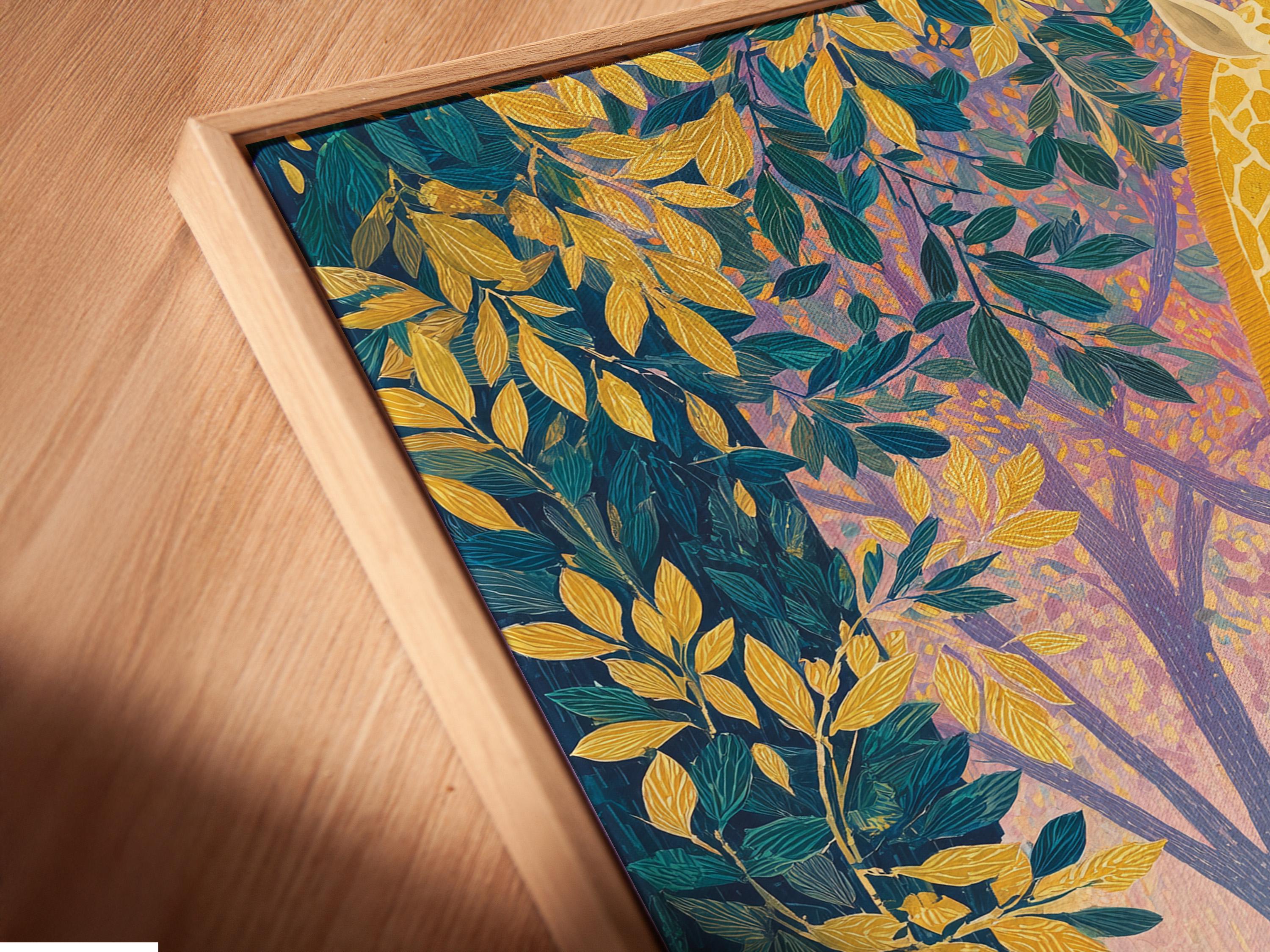 Artwork mockup showing a framed illustration of a giraffe with tropical foliage and tree trunks