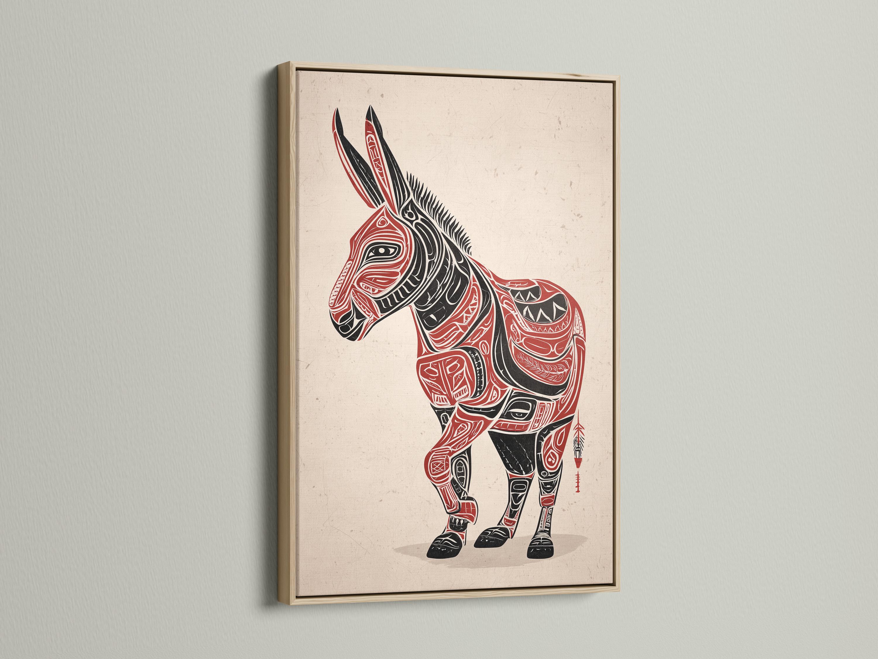Stylised donkey illustration in black and red with patterned line details on an off-white textured background detail view