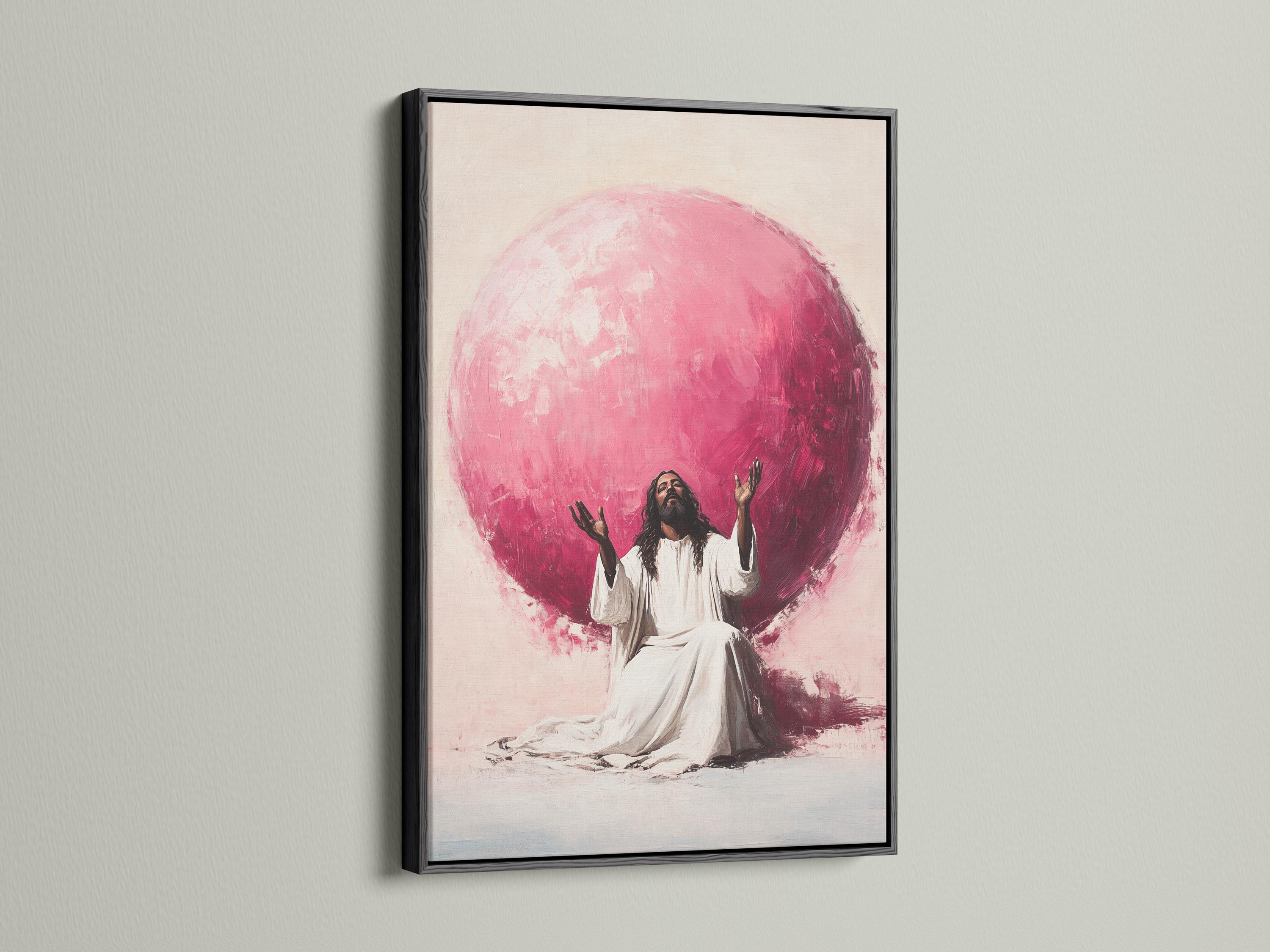 Seated robed figure with raised hands beneath a large glowing pink orb on a beige background detail view