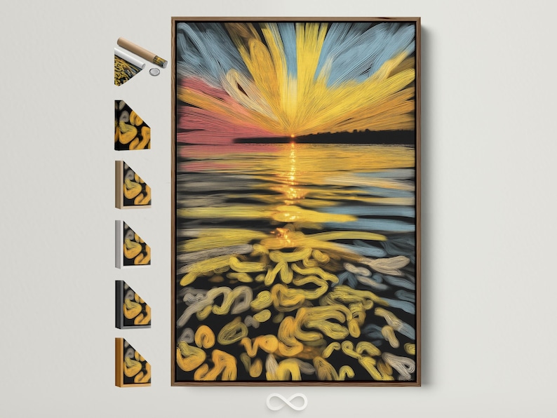 Abstract sunrise seascape with a golden sunburst over blue and peach horizon and shimmering wave reflections