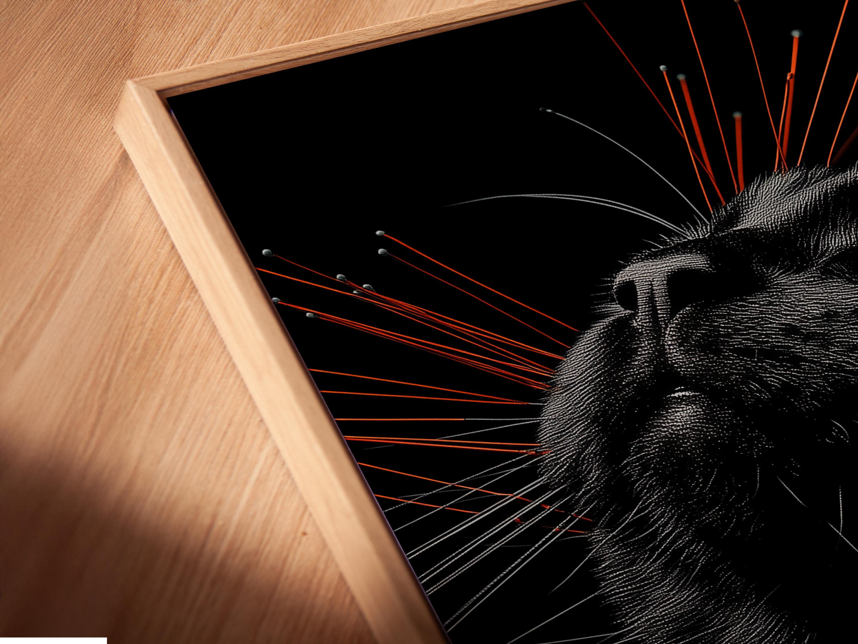 Stylised black cat portrait with radiating grey lines and orange streak accents detail view