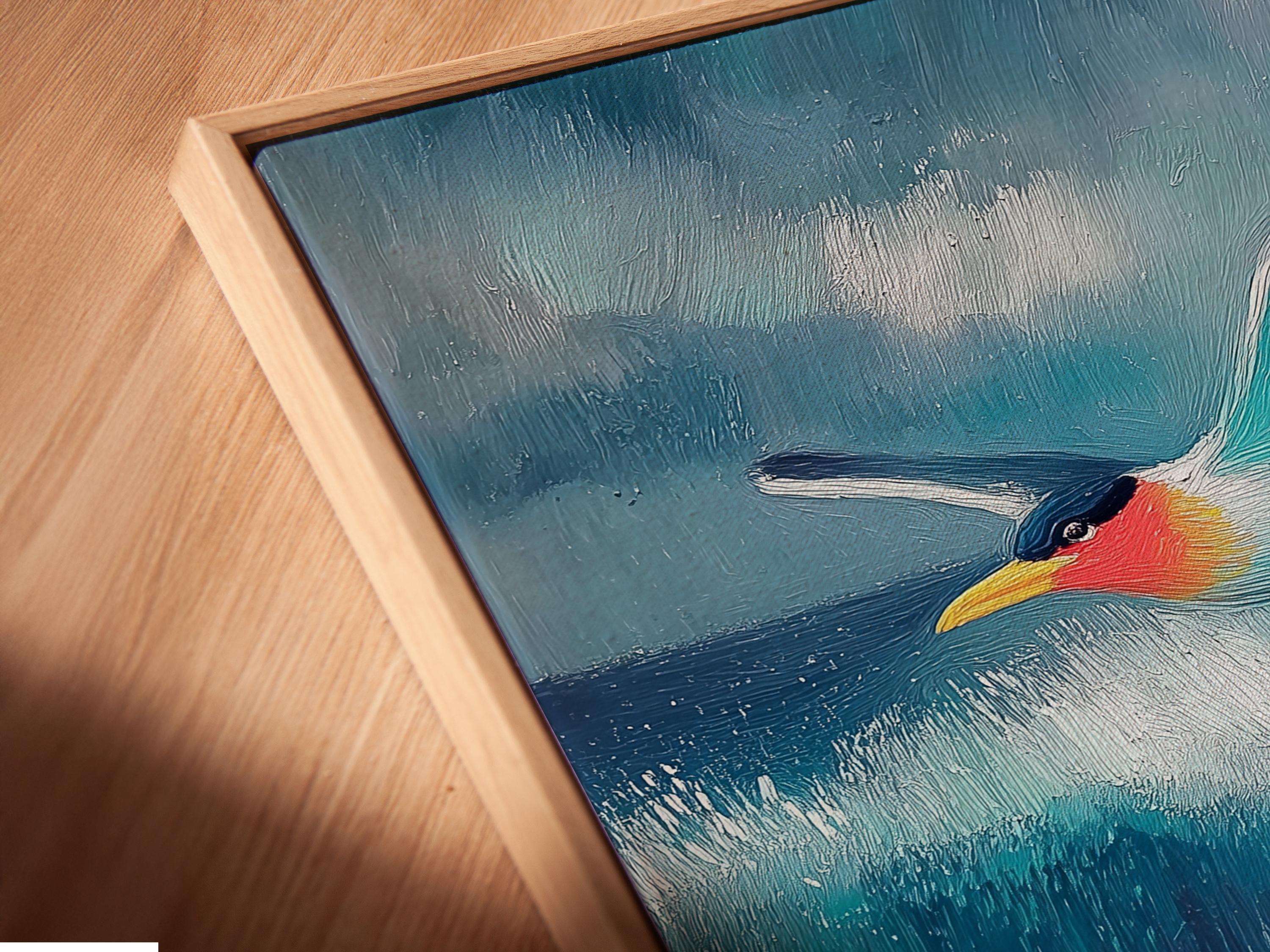 Seagull flying over blue and turquoise waves with foamy white highlights detail view