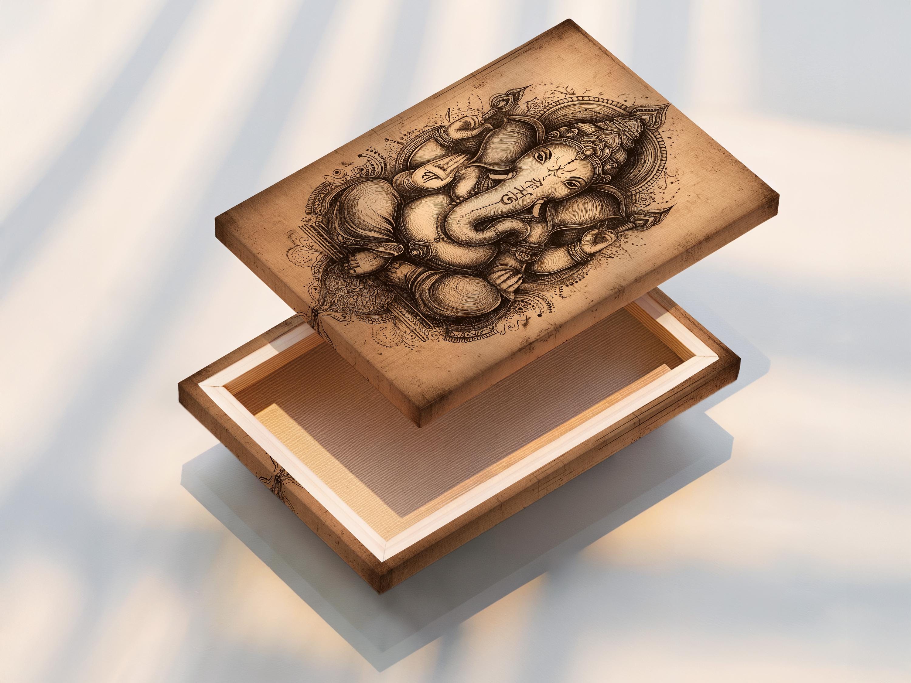 Vintage elephant-headed deity illustration with ornate halo on a beige background detail view
