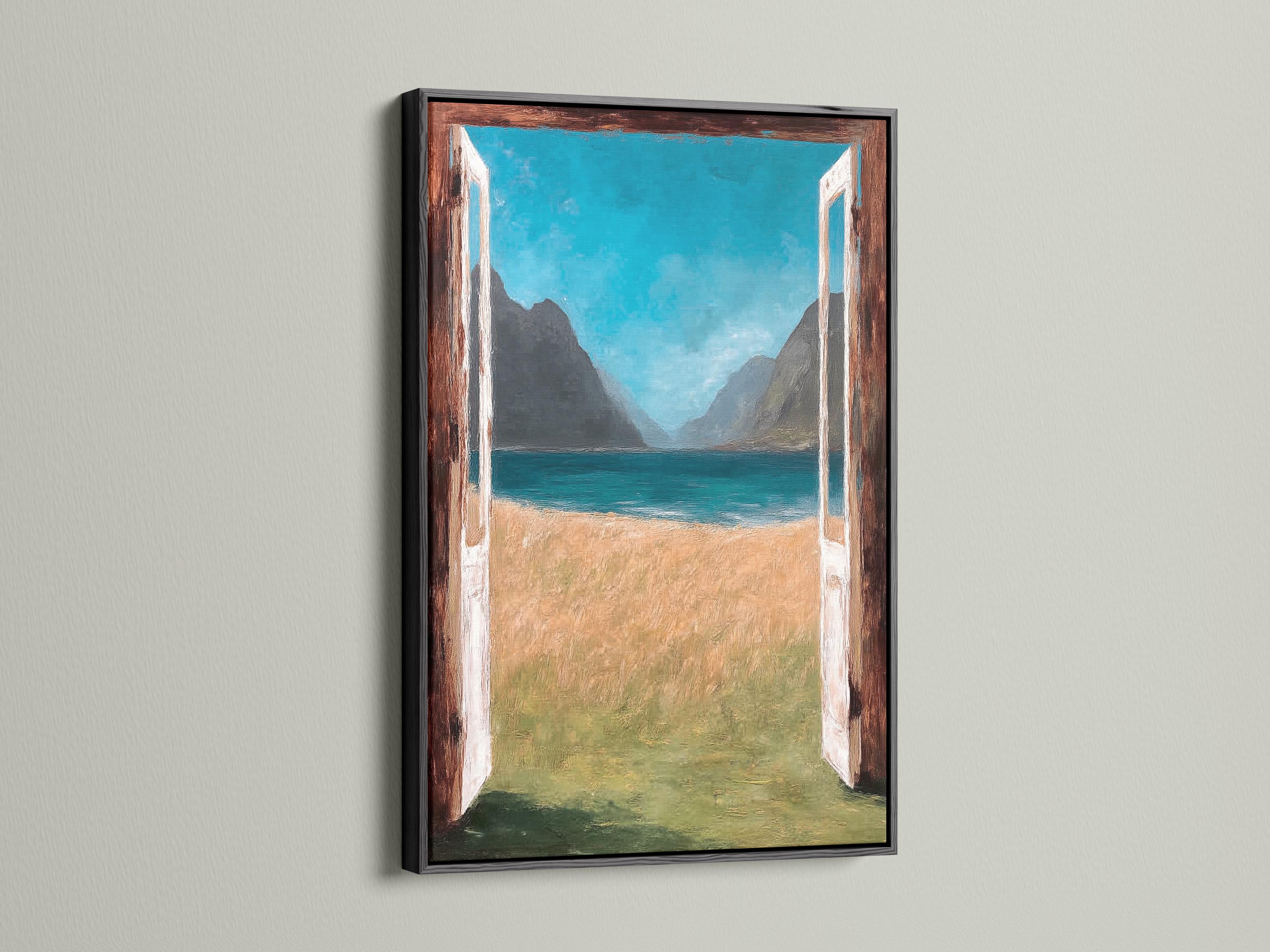 Room mockup showing a framed doorway seascape artwork with turquoise sea and mountains