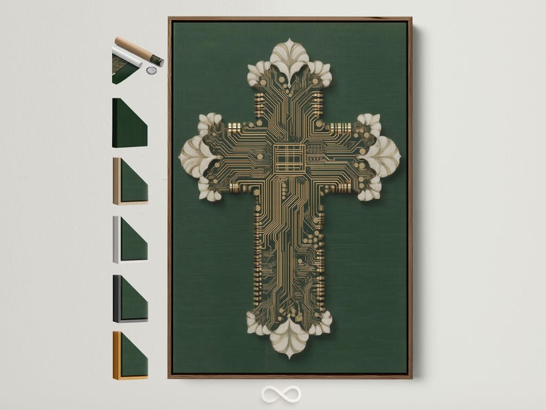 Gold circuit-board cross motif on a deep green background with white petal-like accents