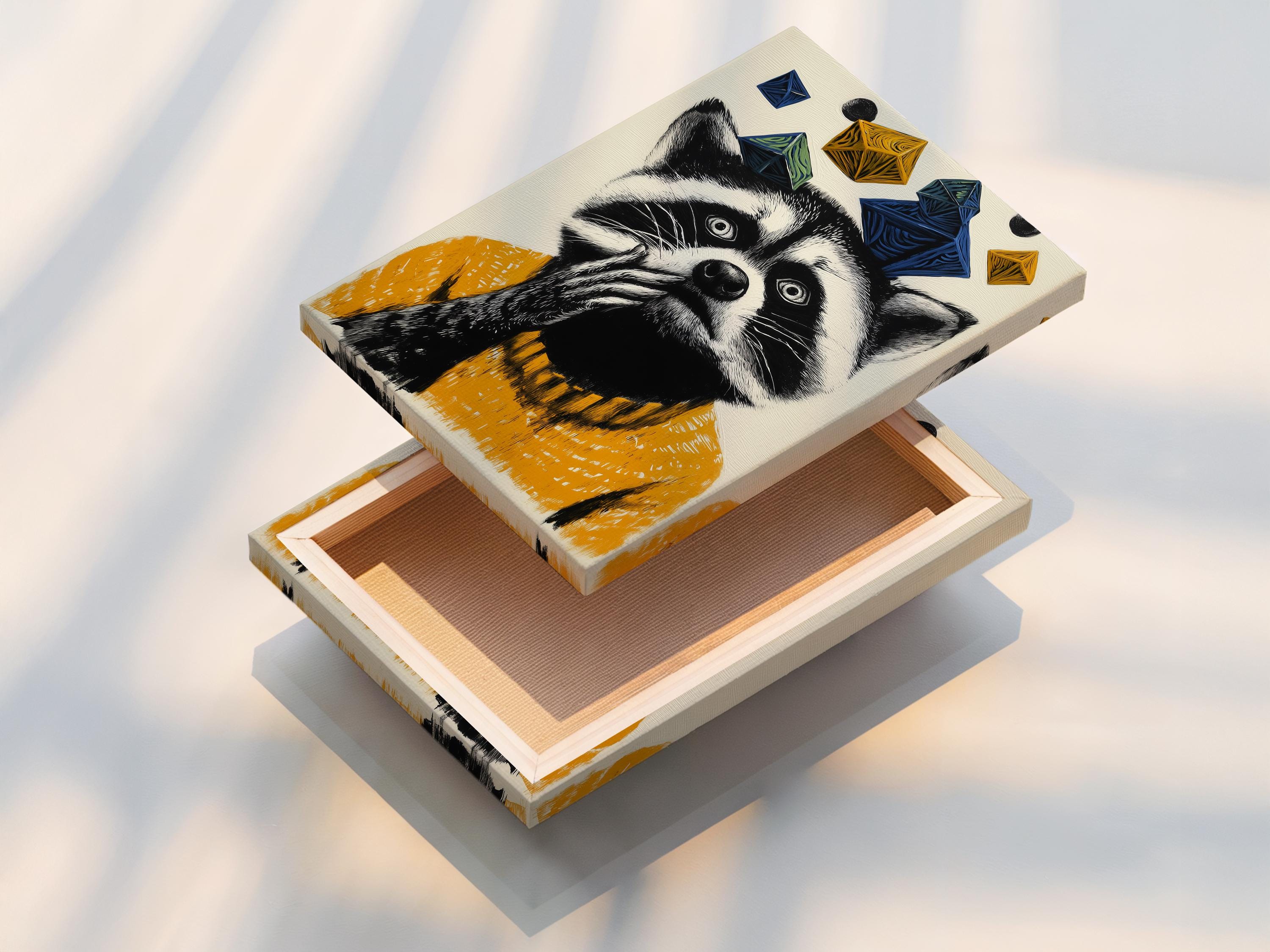 Stylised raccoon portrait with black and white fur, mustard yellow texture, and floating navy geometric shapes detail view