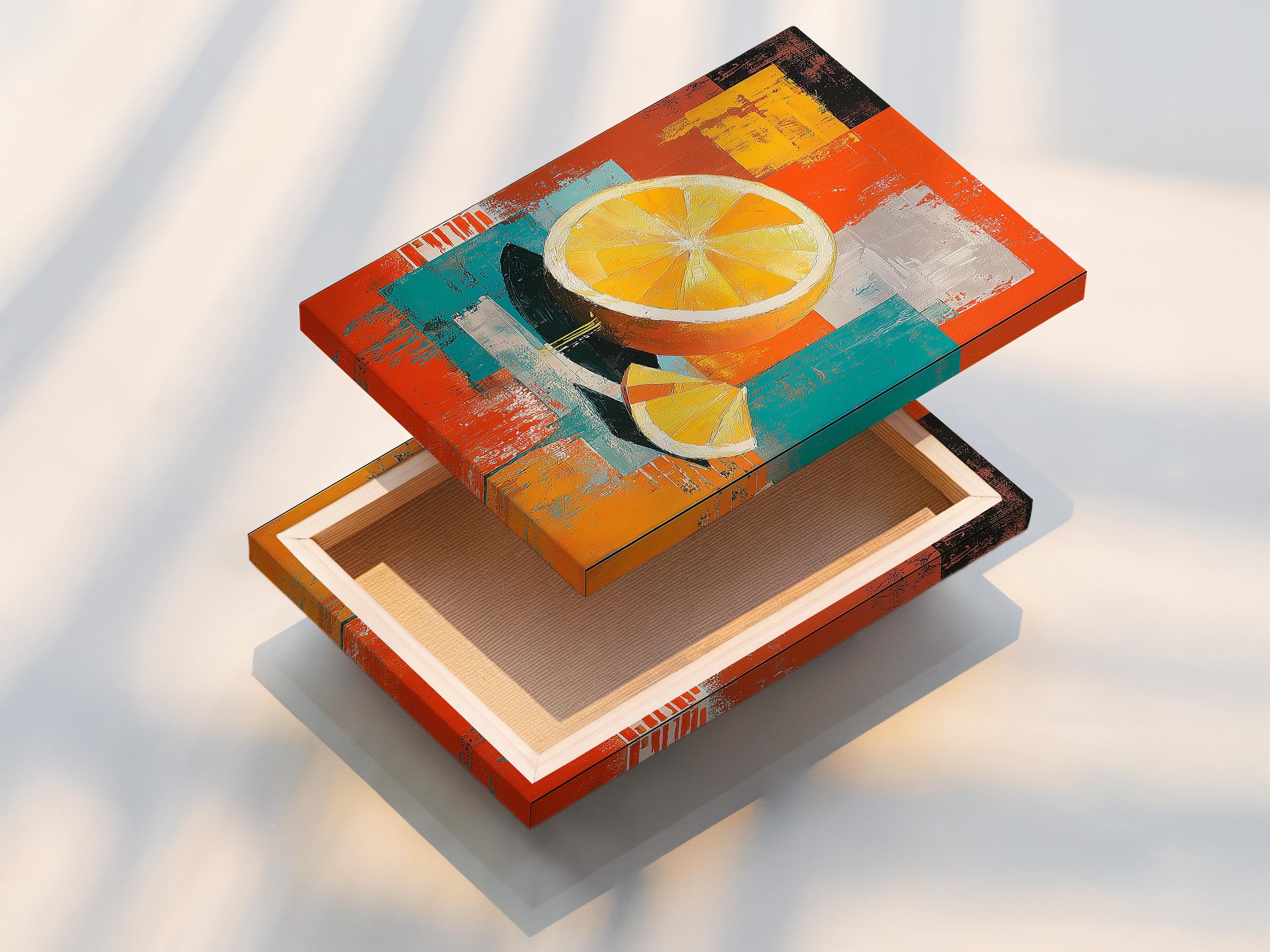 A bold orange-yellow citrus slice motif sits over layered patchwork blocks in orange, teal, yellow and charcoal, with painterly, distressed textures