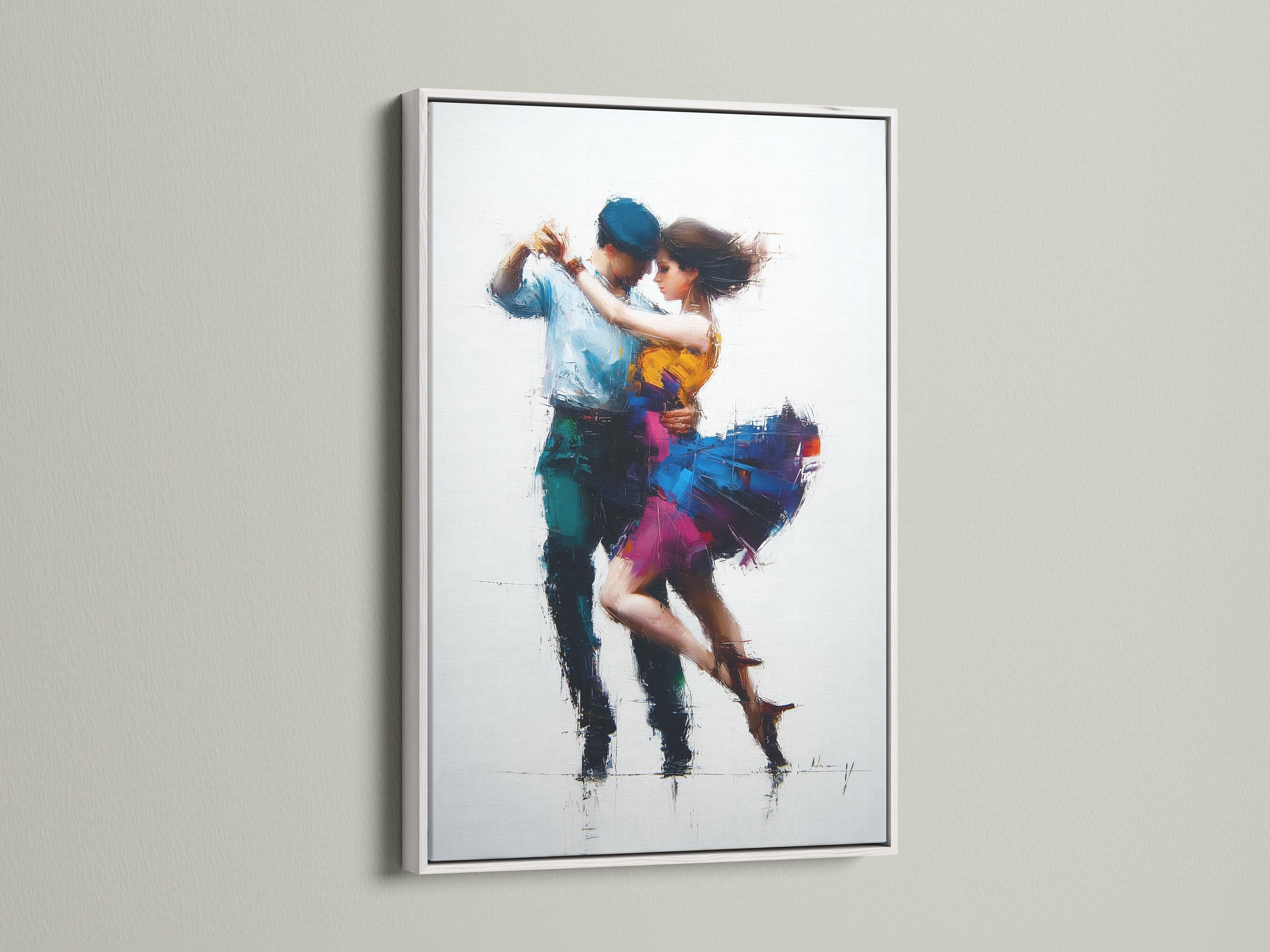 Painterly blue and yellow tango couple embracing in motion detail view