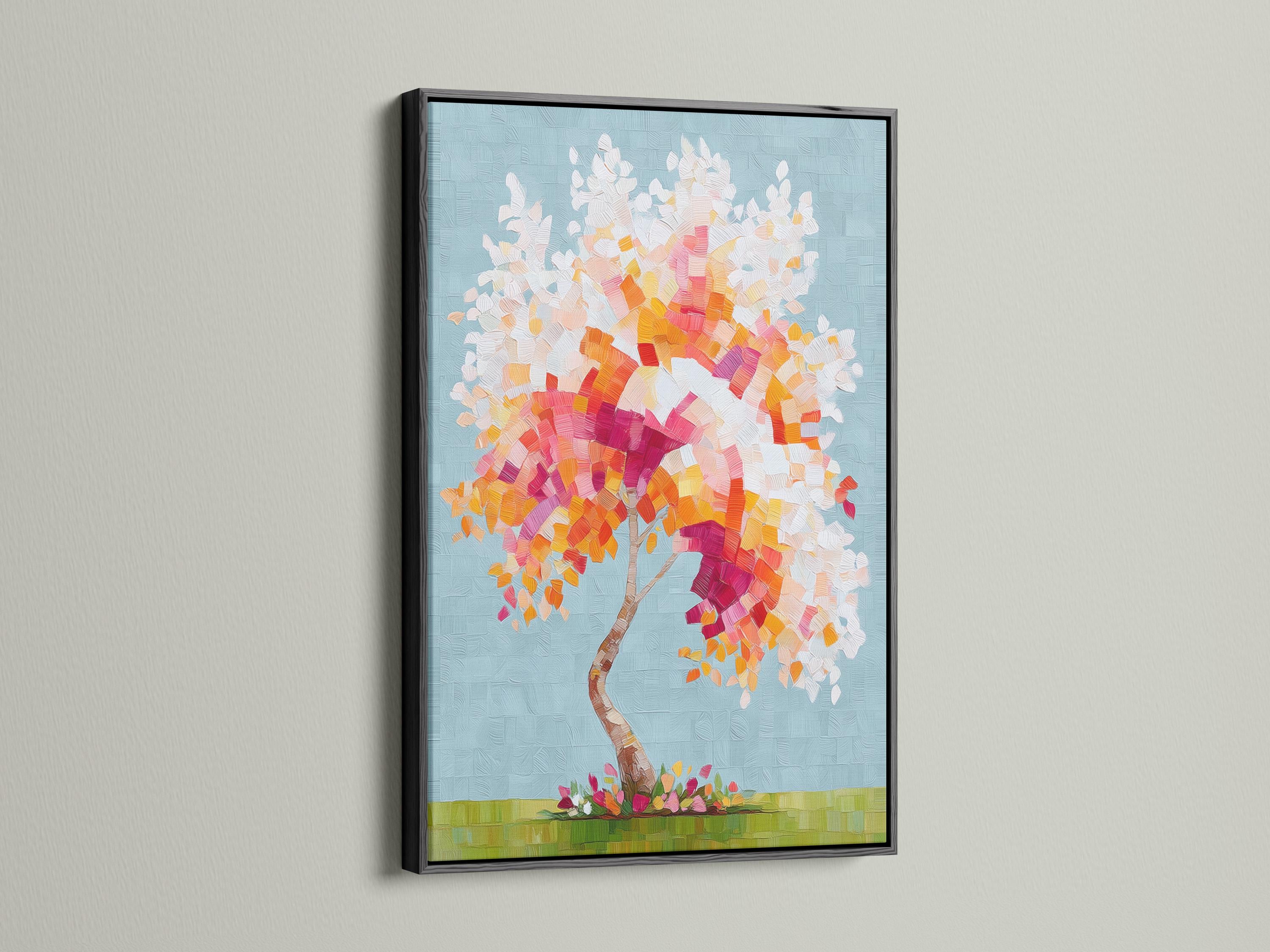 Colourful abstract tree with a mosaic canopy in pink, orange and yellow on a blue textured background detail view