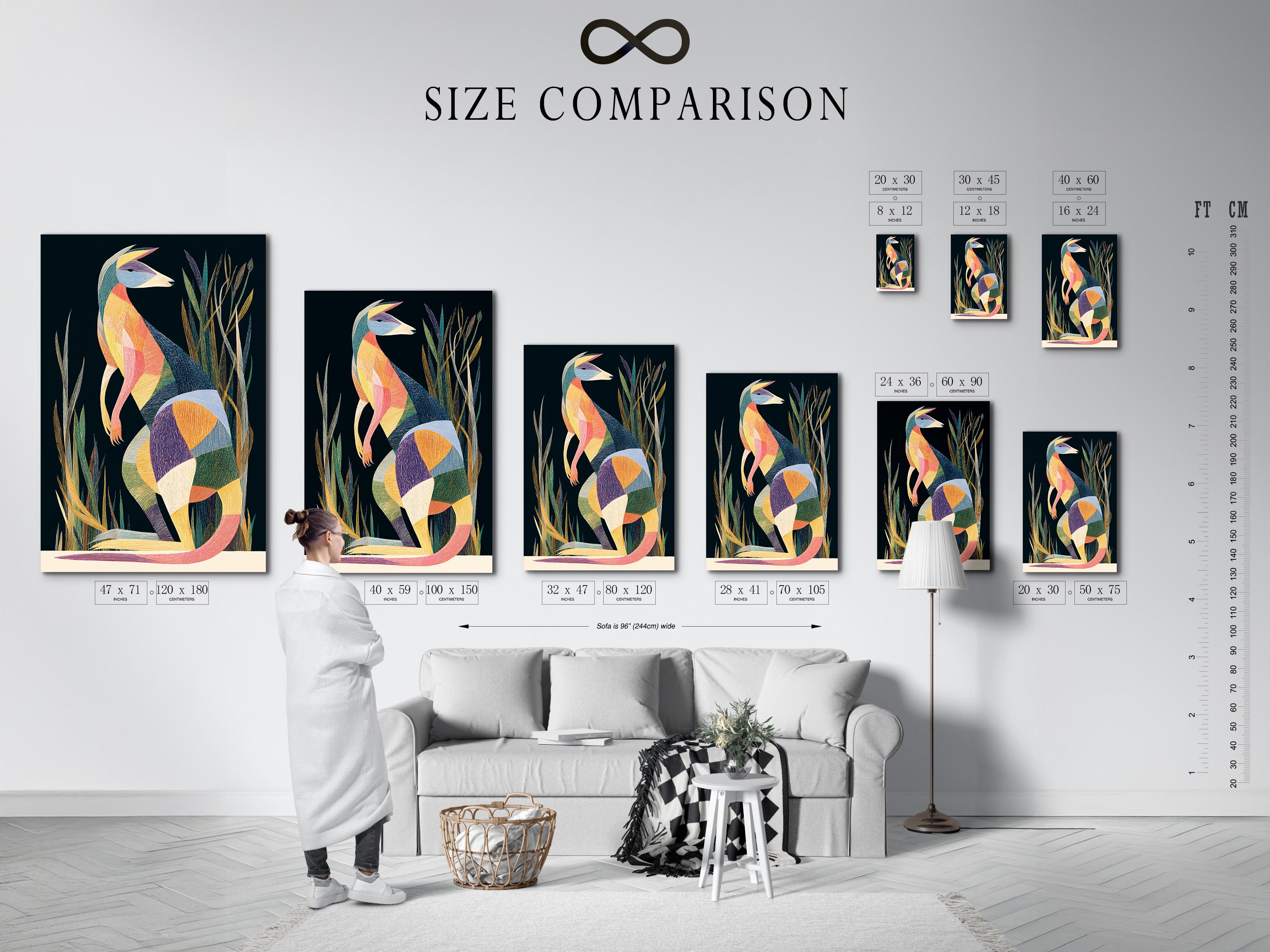 Wall mockup showing geometric kangaroo artwork in a framed design on a light wall