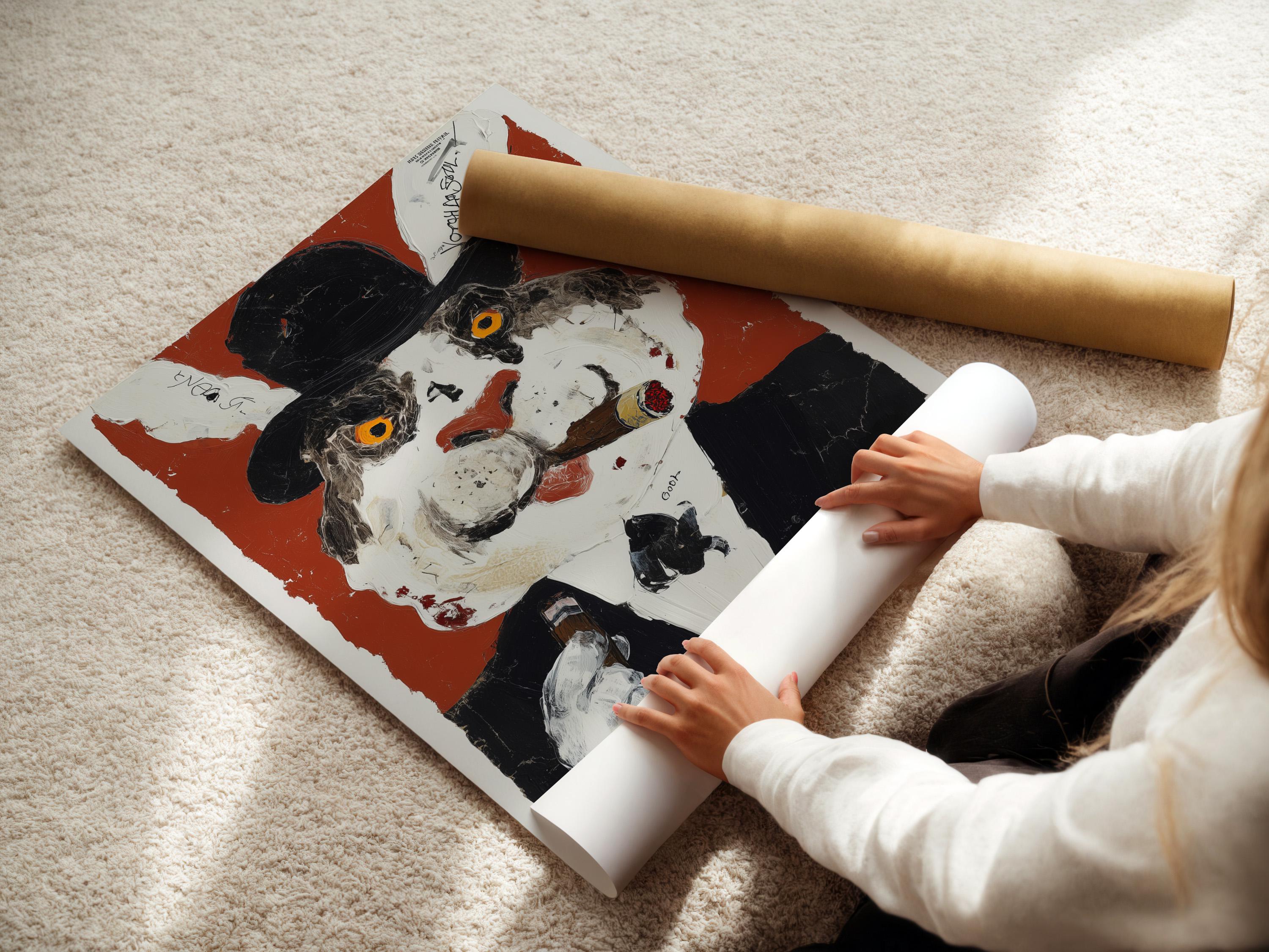 Room mockup showing a framed rabbit gentleman portrait on a wall
