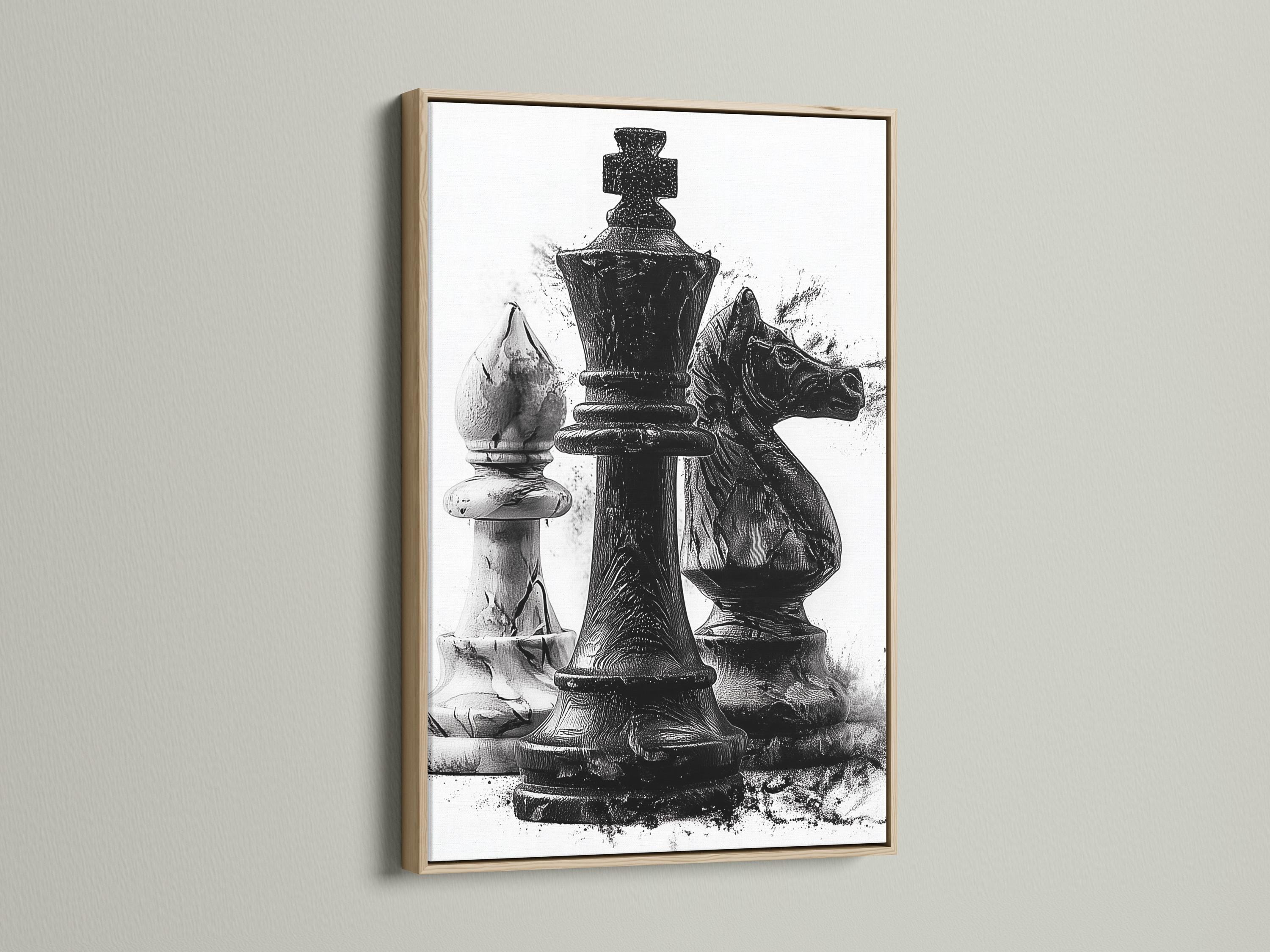 Monochrome chess artwork featuring a black king-like figure with distressed ink-splatter texture detail view