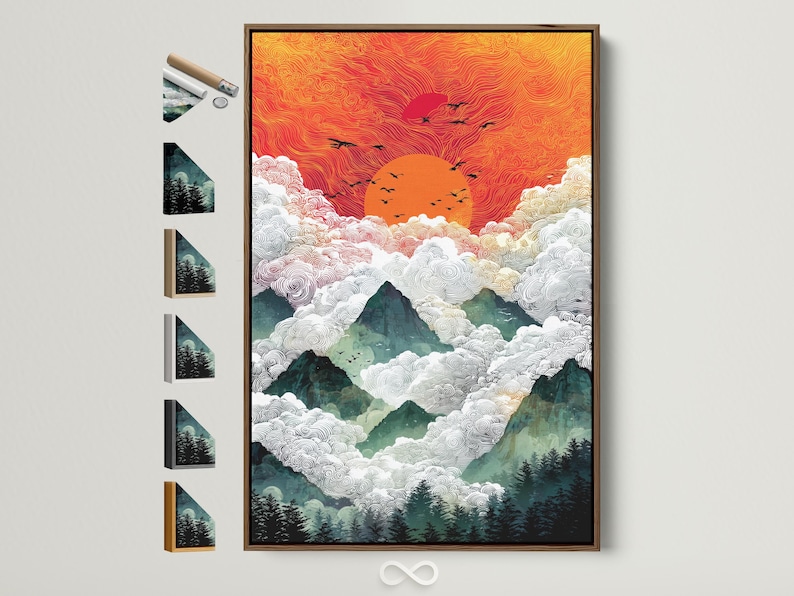 A stylised sunrise mountain scene fills the artwork, with swirling cloud lines, layered peaks, and small black bird silhouettes across a warm orange