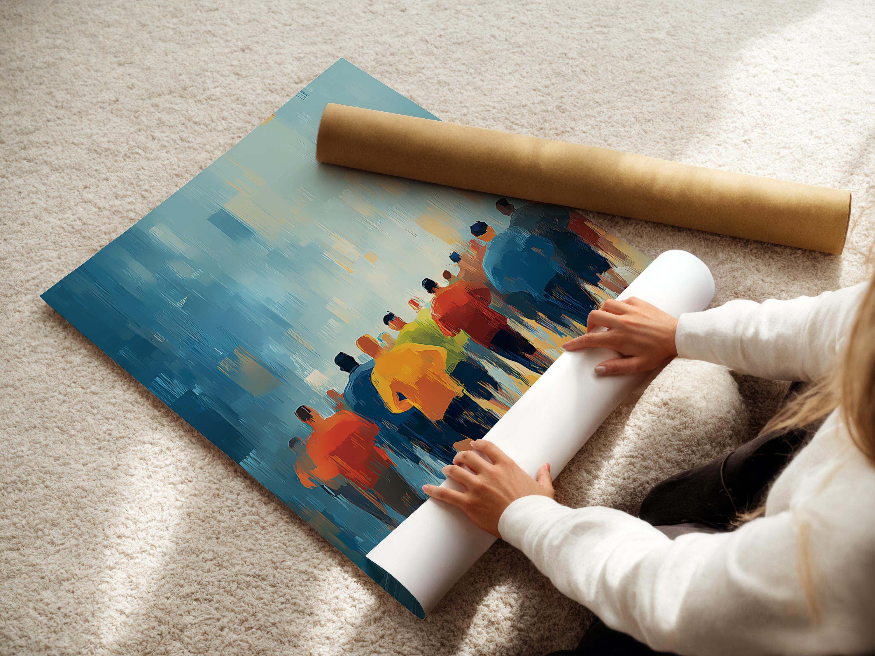 Framed artwork mockup showing stylised runners on a blue city-like background