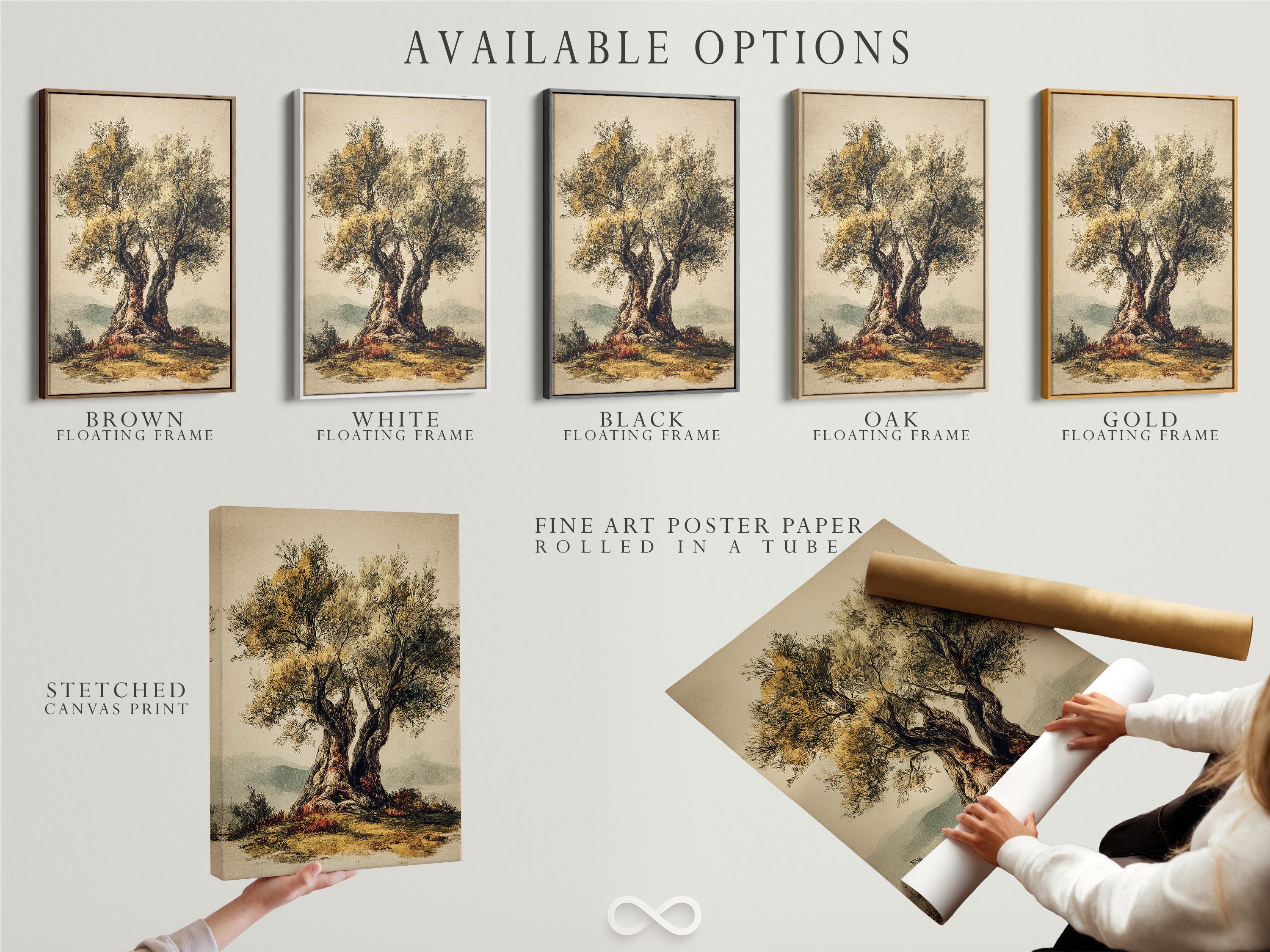 Vintage botanical tree illustration with a dark trunk, golden foliage and soft reflections detail view