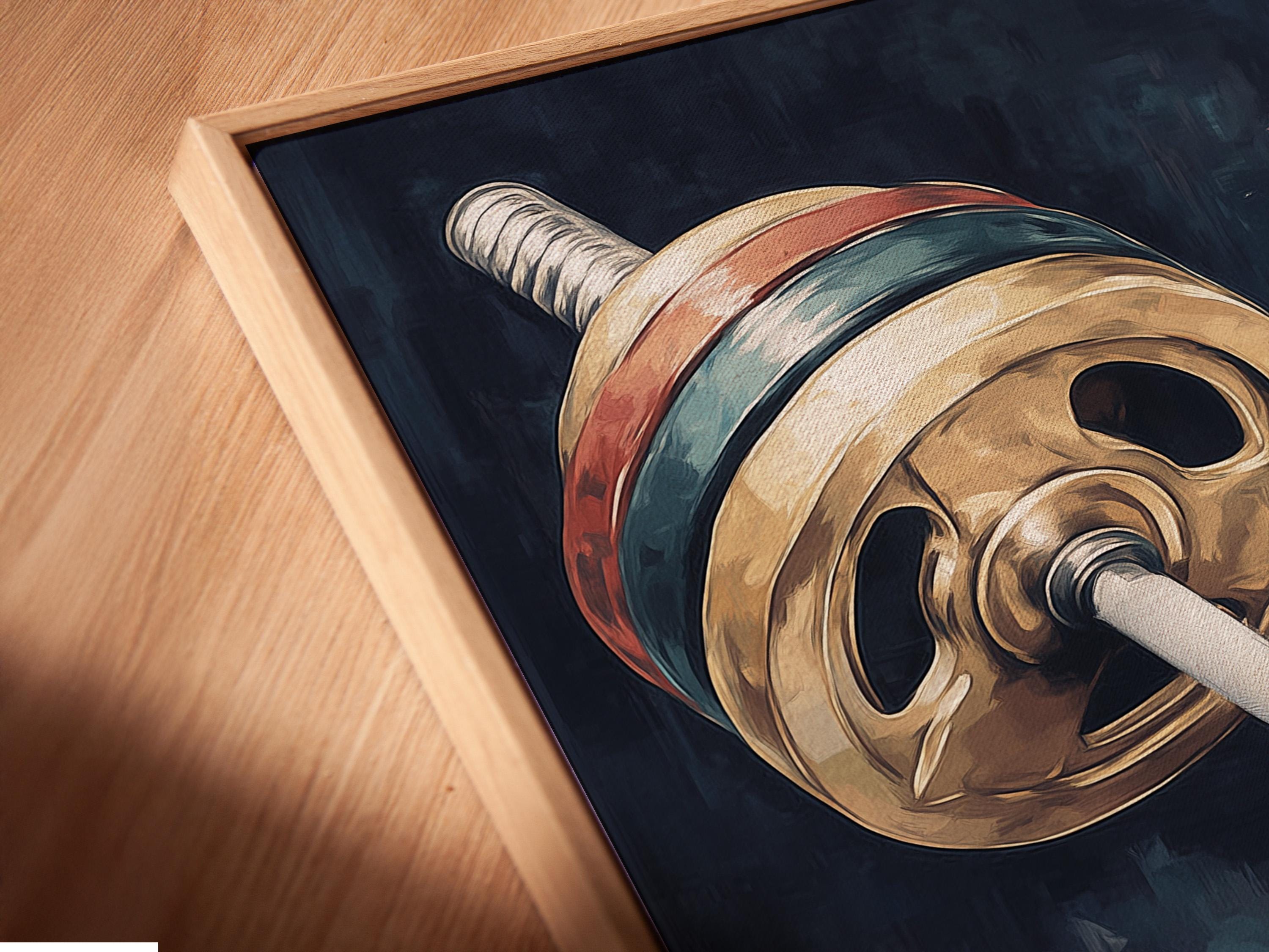 Diagonal barbell with metallic gold plates over dark floral background detail view